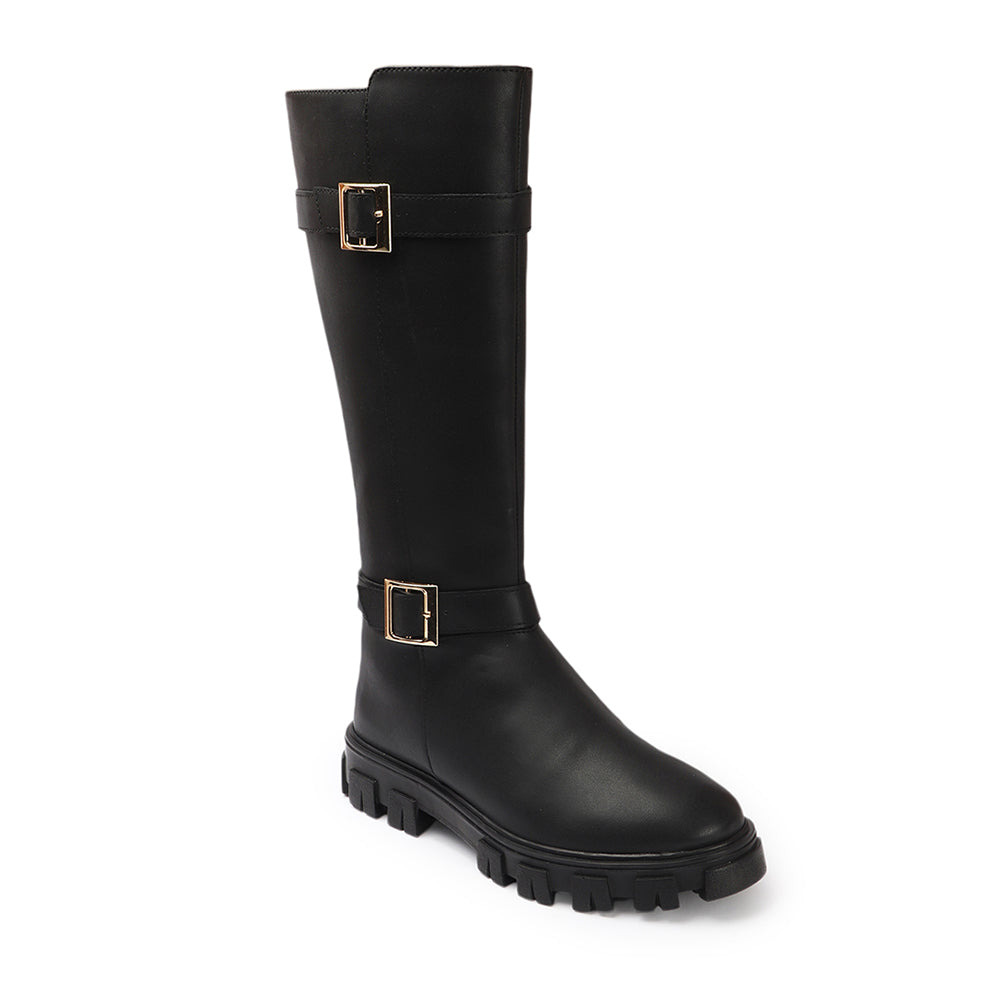Women Block-Heeled Buckle Detail Winter Long Boots