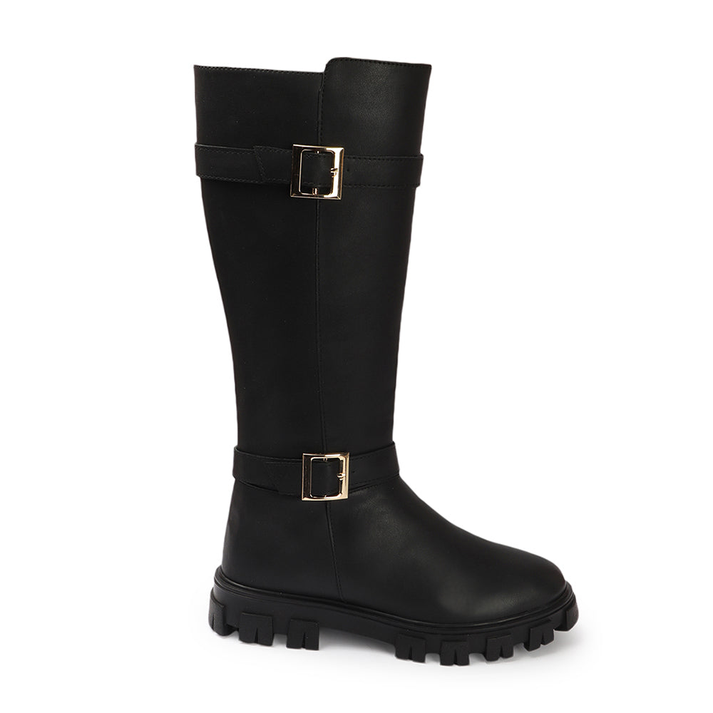 Women Block-Heeled Buckle Detail Winter Long Boots