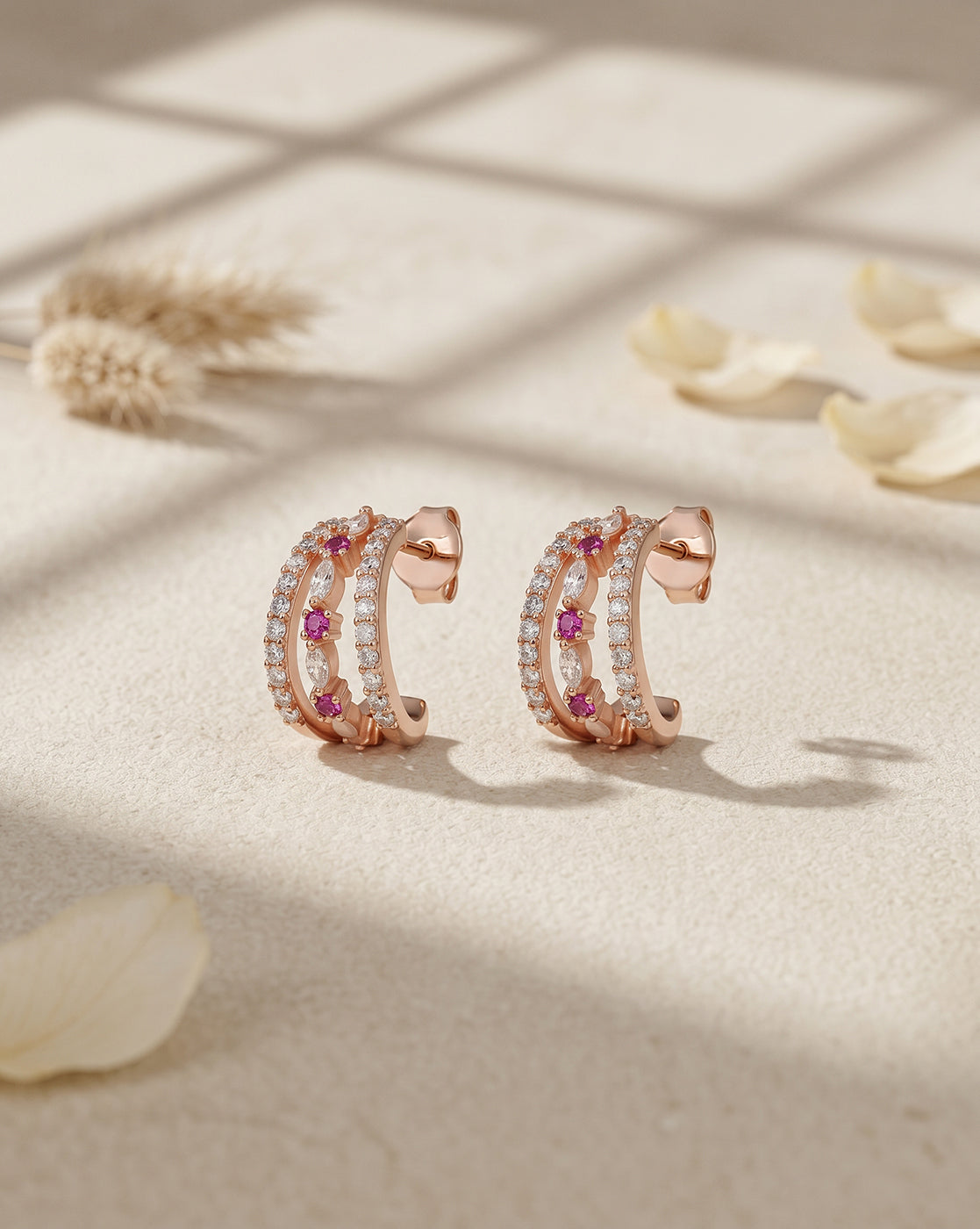 18kt Rose Gold Plated Ruby Studded Triple Band Layered Half Hoop Earring