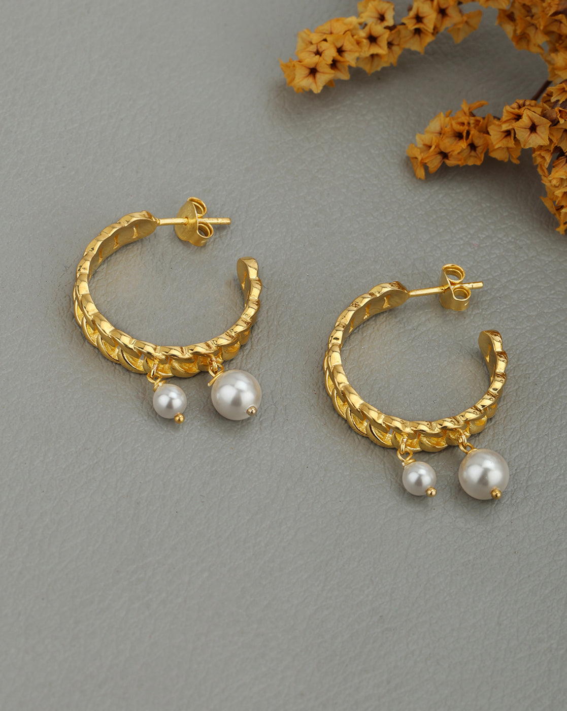 18kt Gold Plated Elegant Pearl Textured Half Hoop Earring