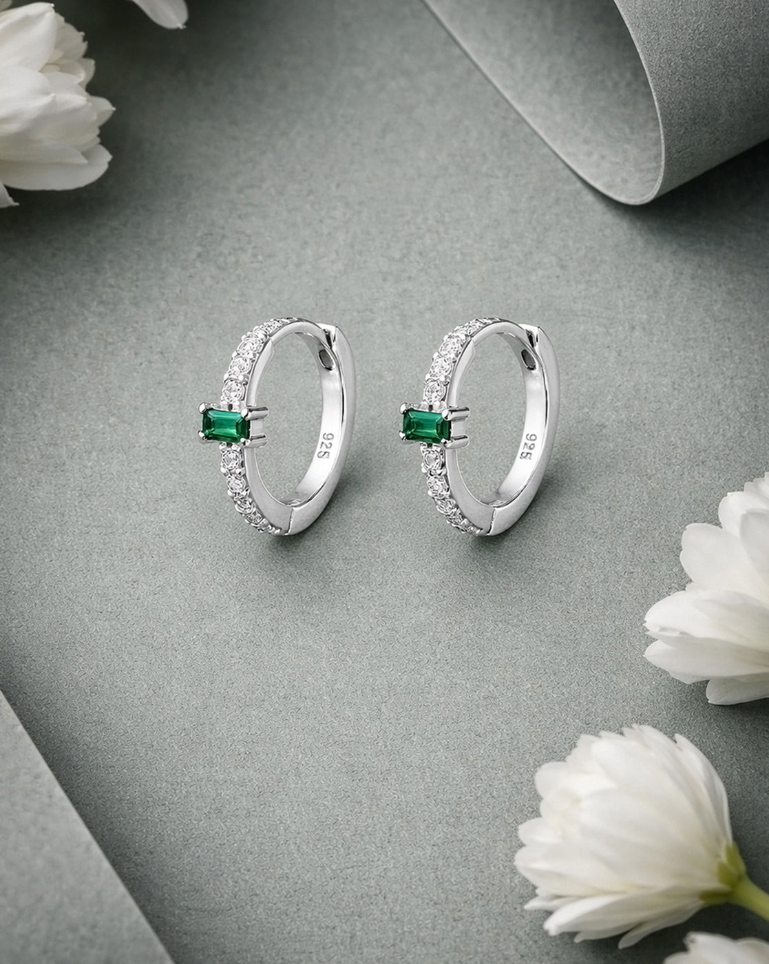 925 Sterling Silver Rhodium Plated Green CZ Hoop Earring