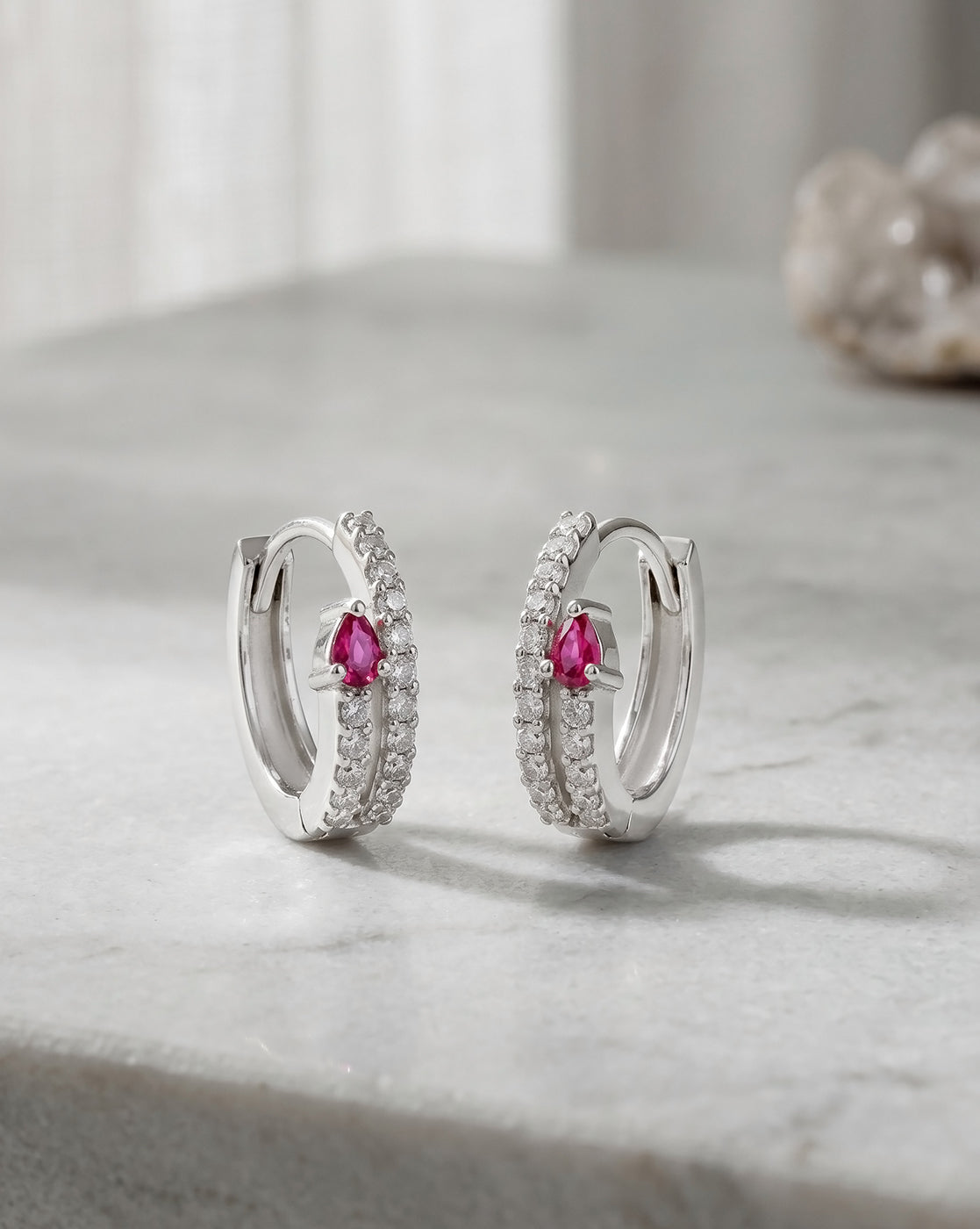 Rhodium Plated Ruby Red Studded Mini Hoop Earring