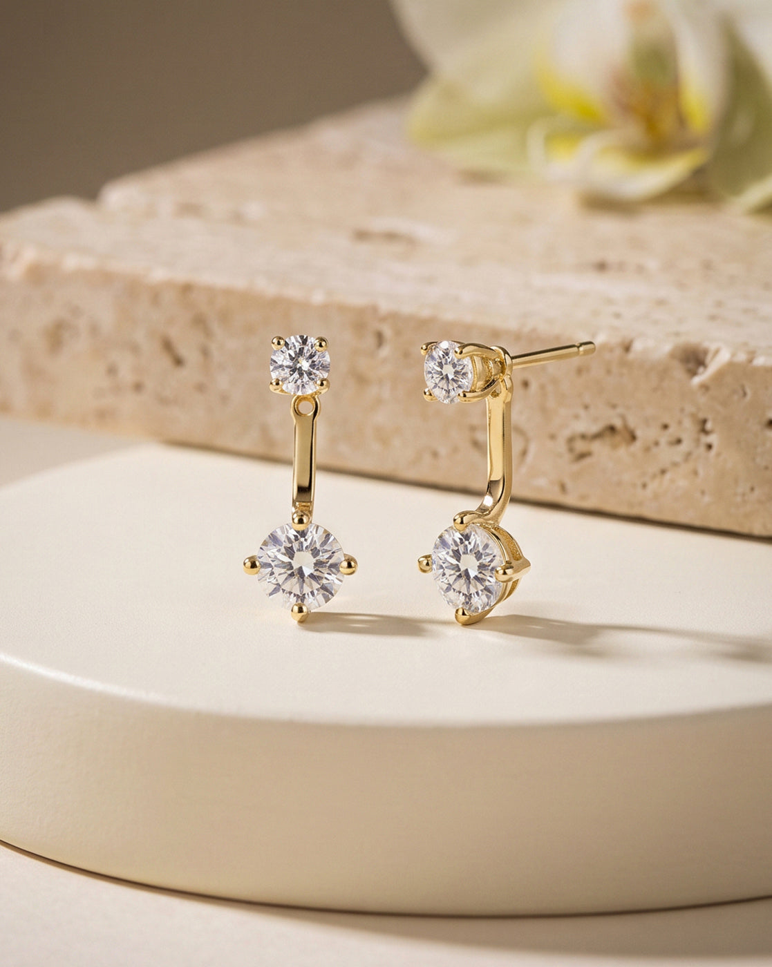 18Kt Gold-Plated CZ Solitaire Front & Back Drop Earrings
