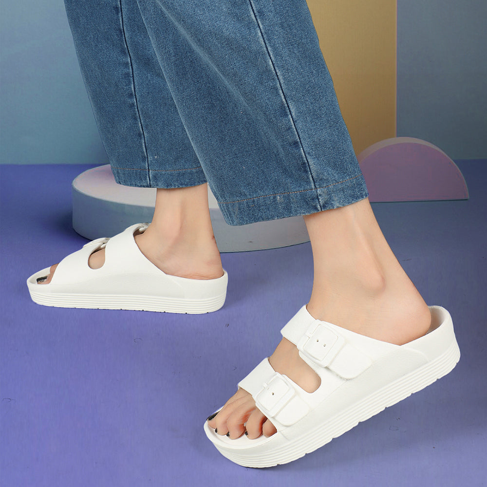 Women Solid Double Buckle Platform Slides