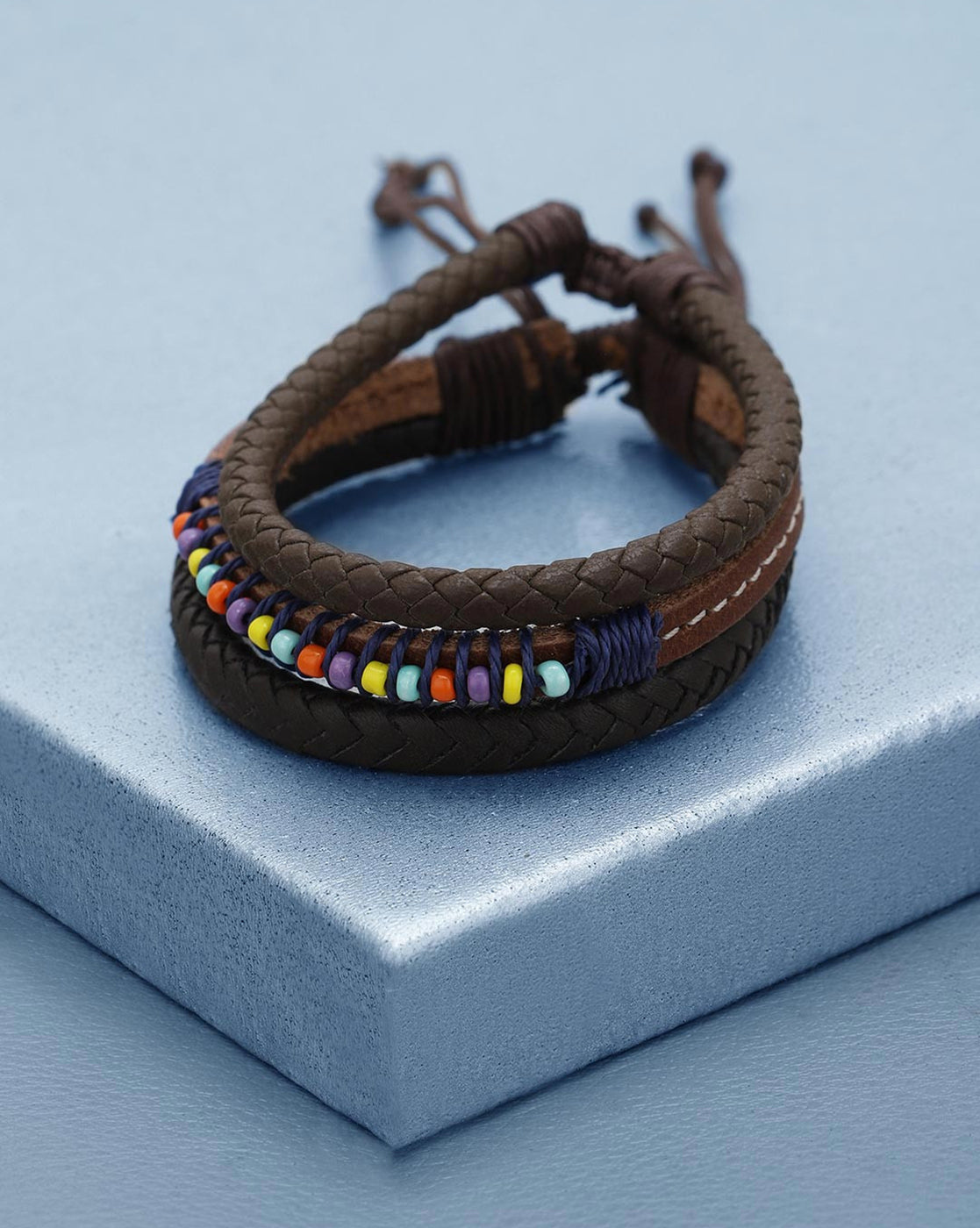 Men Set of 2 Braided Multistrand Adjustable Faux Leather Bracelet