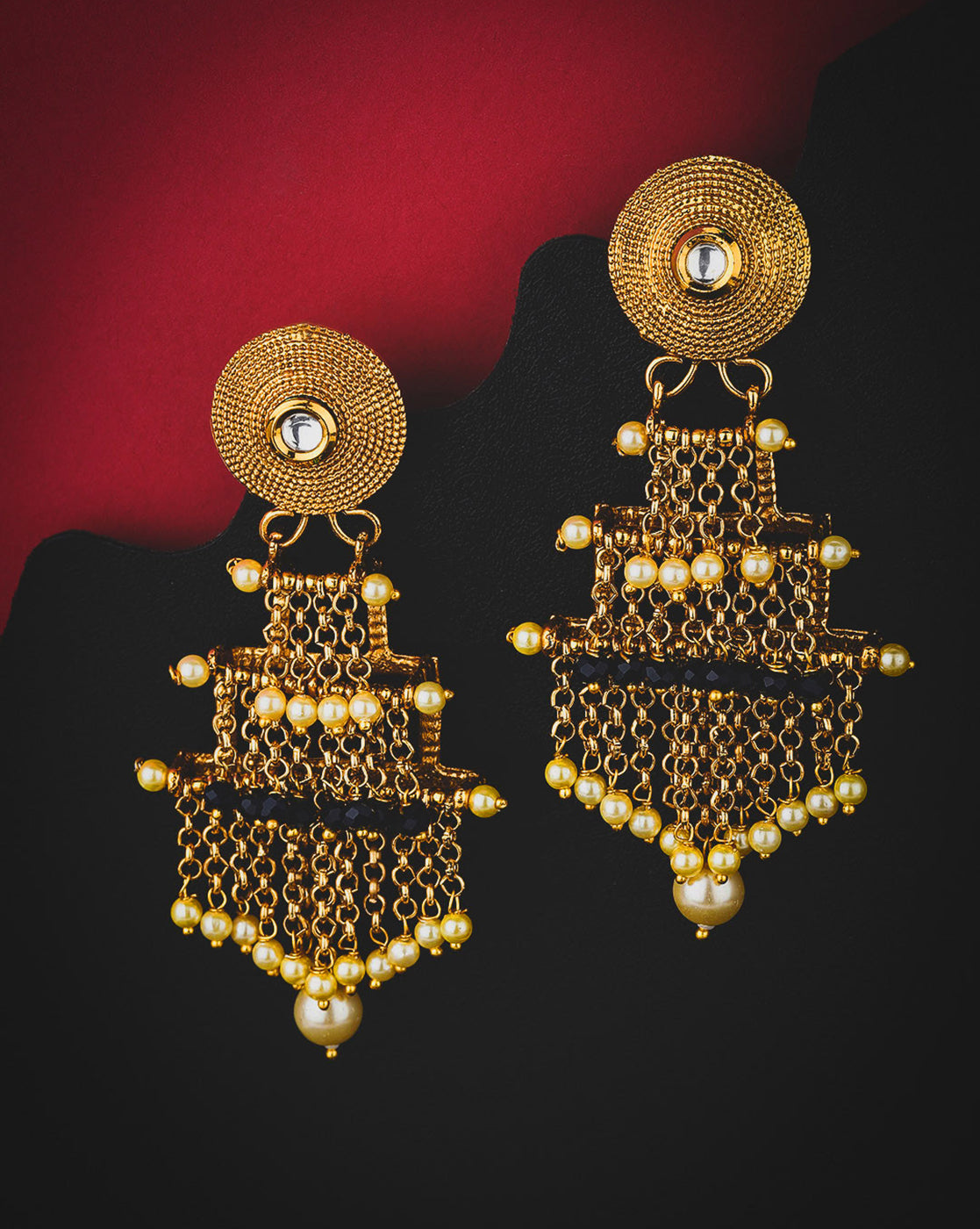Gold Plated Layered Statement Jhumka Earrings with Pearl