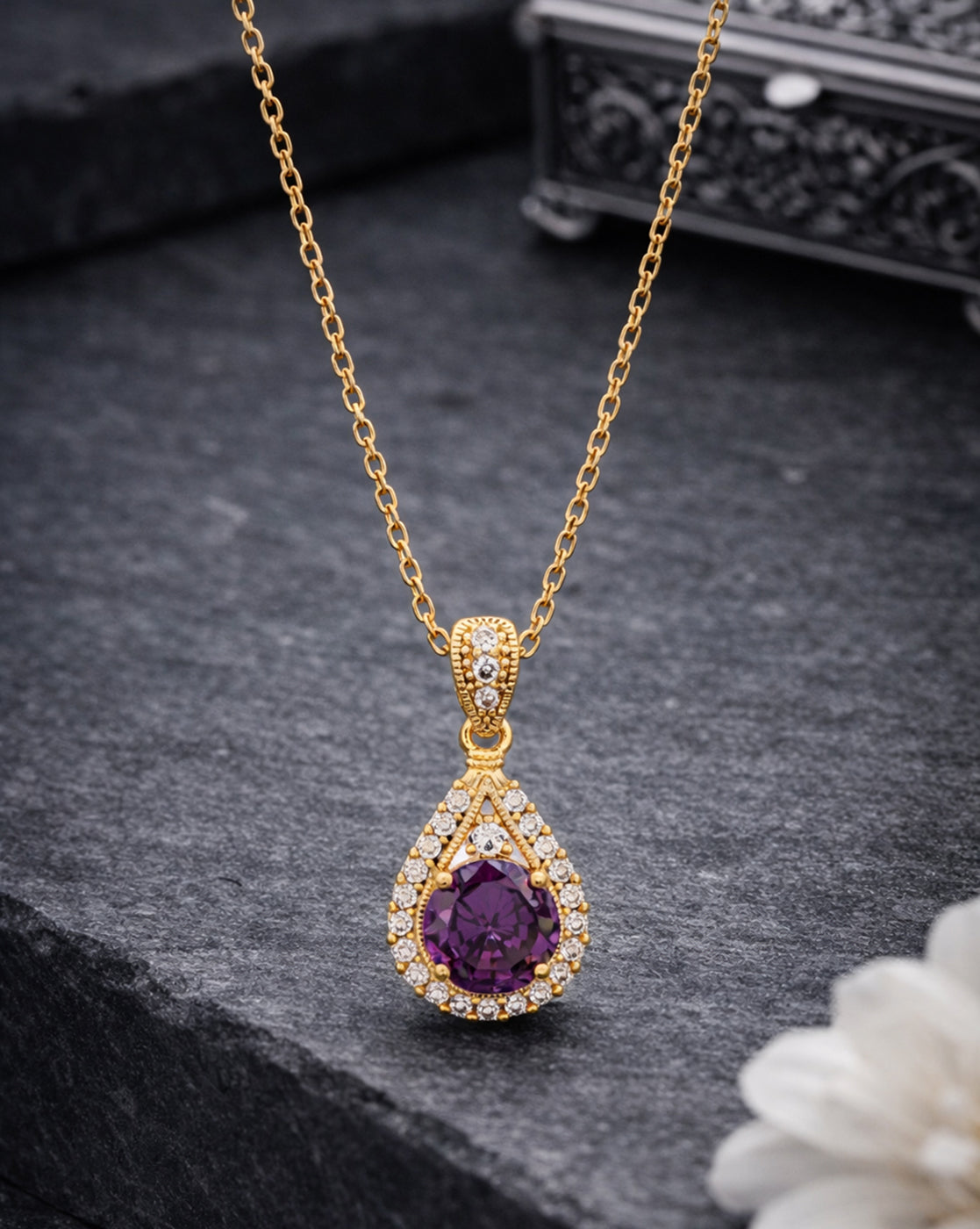 Gold Plated Elegant Teardrop CZ Sparkle Halo Amethyst Purple Pendant and Chain