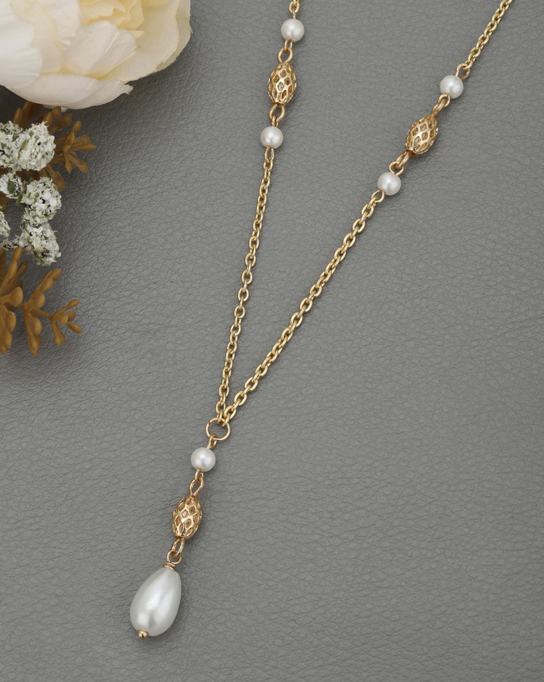 Gold Plated Dangling Pearl & Filigree Beads Long Necklace