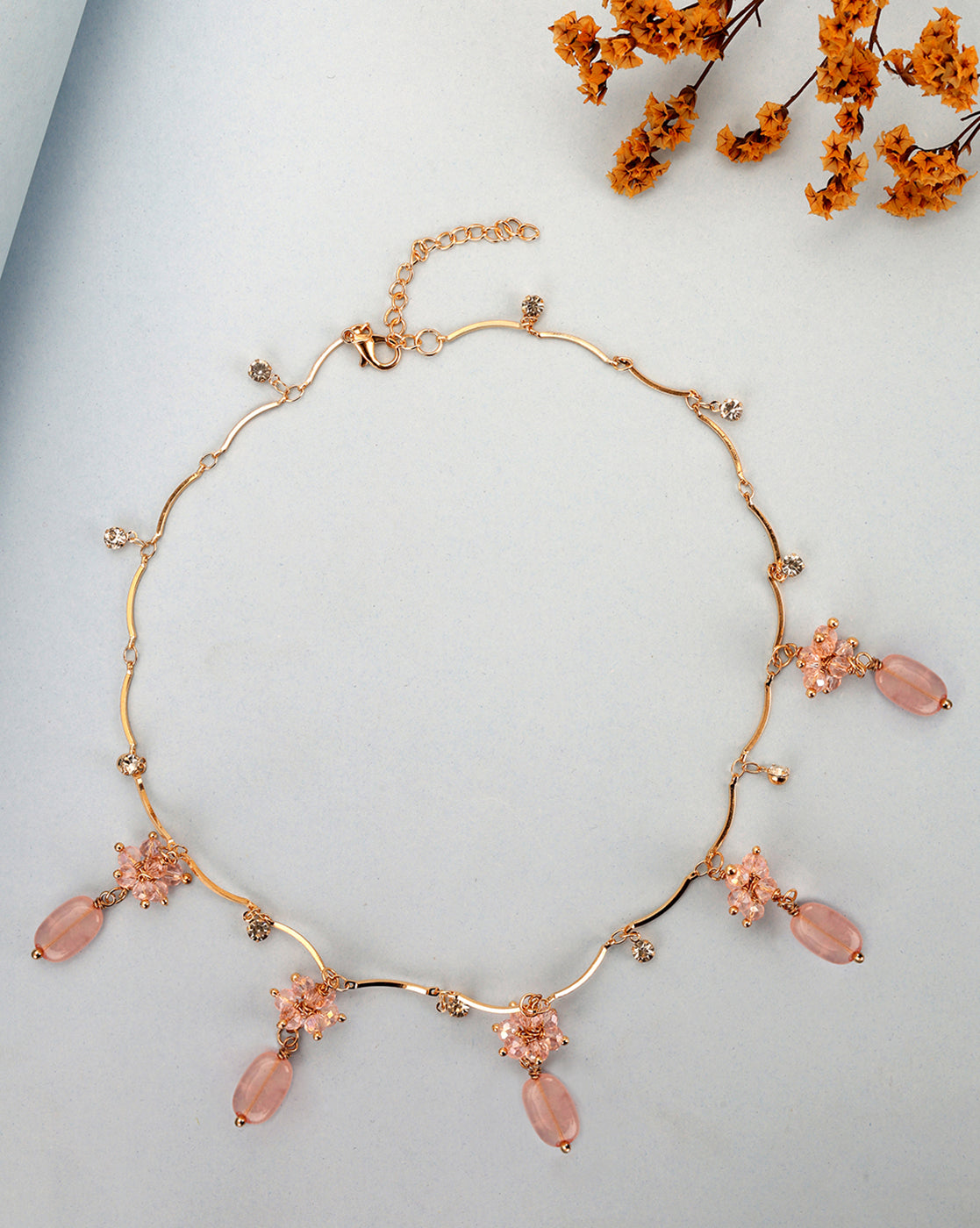 Gold Plated Dainty Rose Pink Beaded Floral Wave Necklace