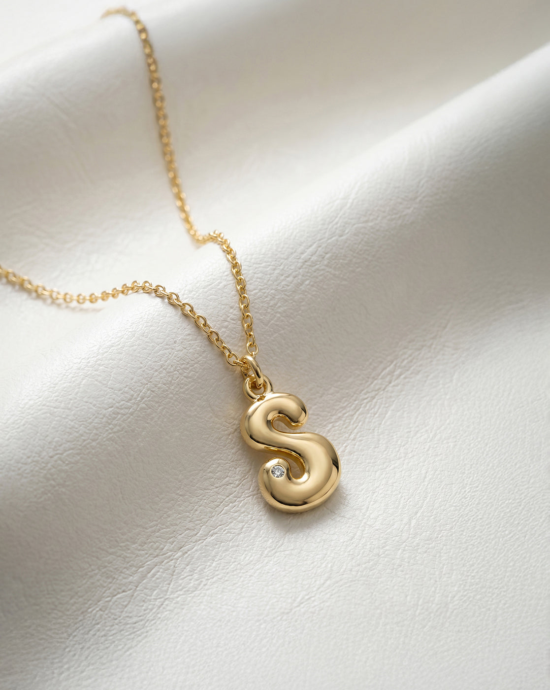 18kt Gold Plated CZ Bubble Letter S Pendant and Chain