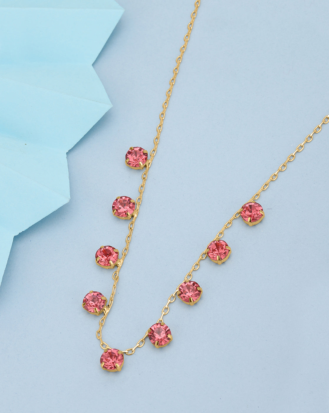 Gold Toned Fashionable Pink Crystal Solitaire Charm Necklace