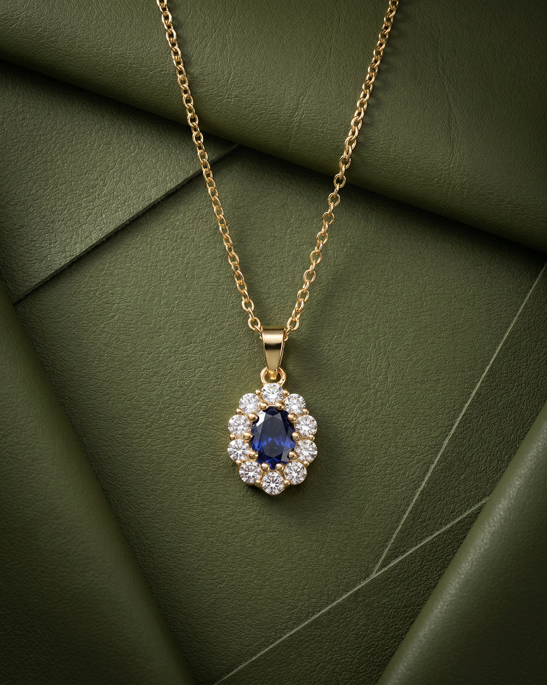 Premium 18kt Gold Plated Blue Sapphire CZ Halo Pendant with Chain