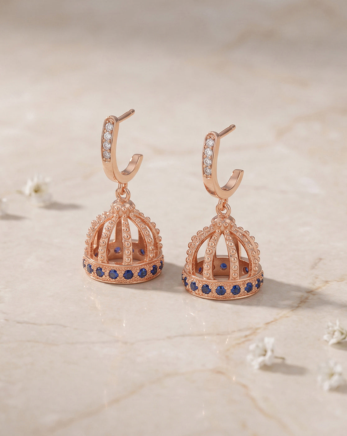 Premium 18kt Rose Gold Plated Delicate CZ & Sapphire Blue Studded J-Hoop Jhumki Earring