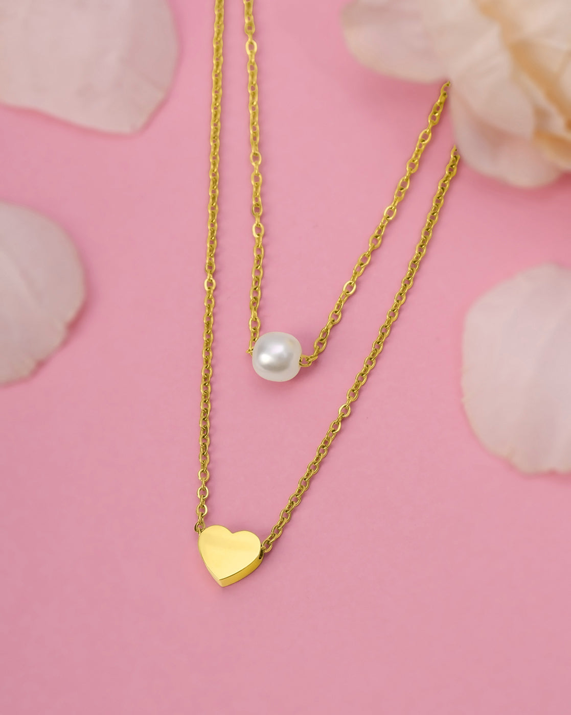 18Kt Gold Plated Pearl and Heart Layered Necklace