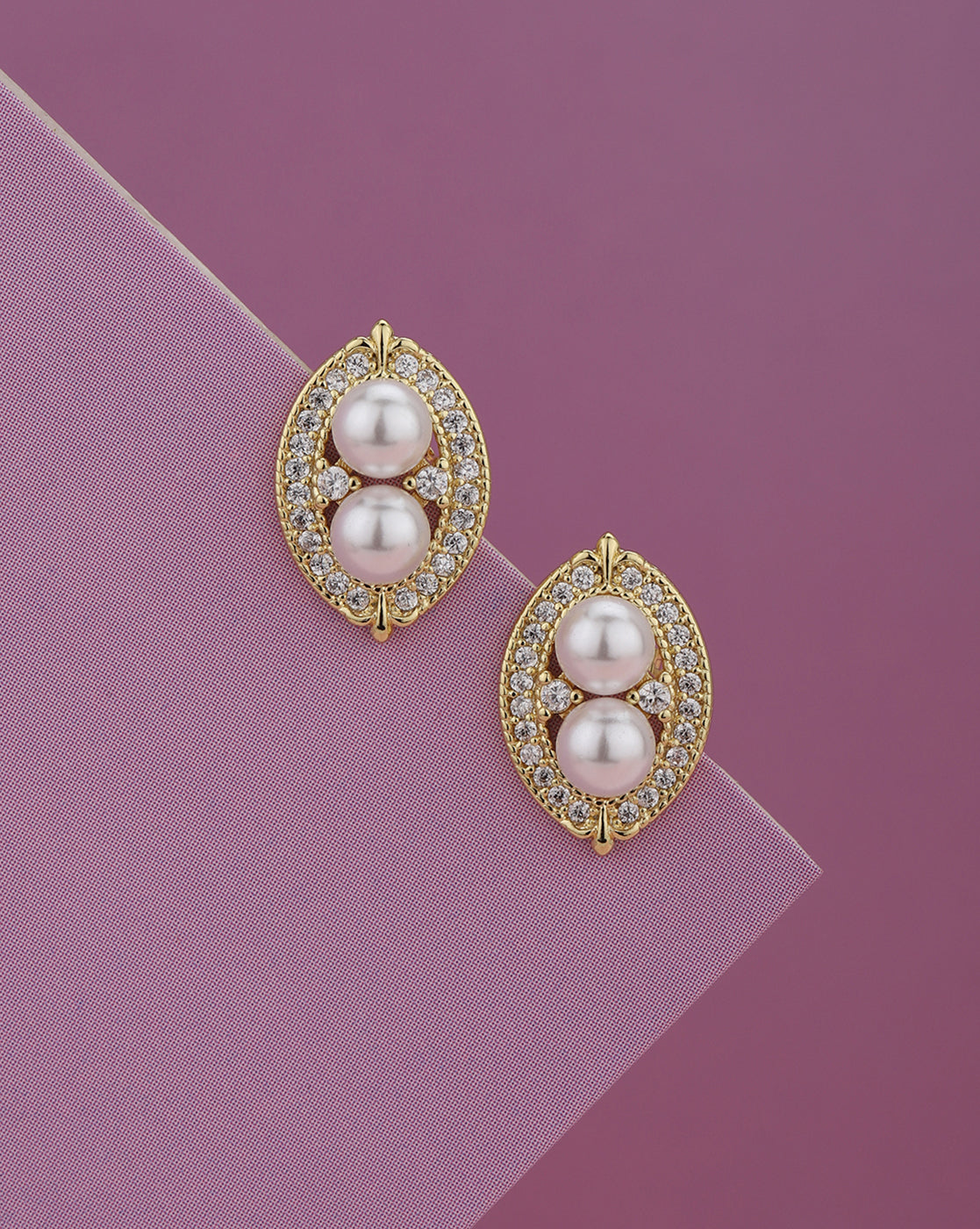 Premium Gold-Plated Twin Pearl CZ Oval Stud Earring