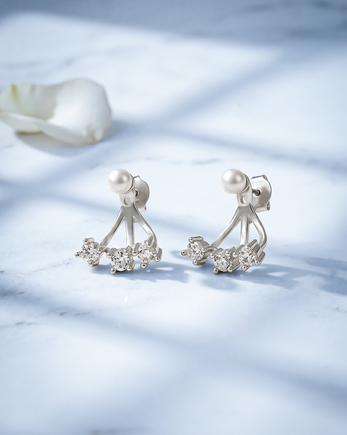 Rhodium Plated CZ Pearl Ear Jacket Earring
