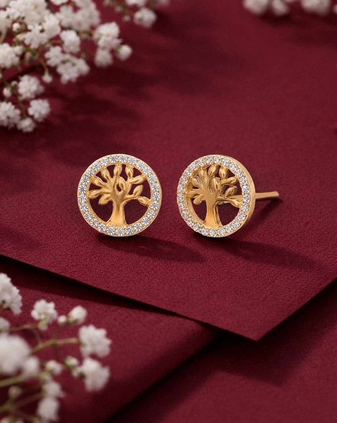 925 Sterling Silver 18kt Gold Plated CZ Tree of Life Stud Earring