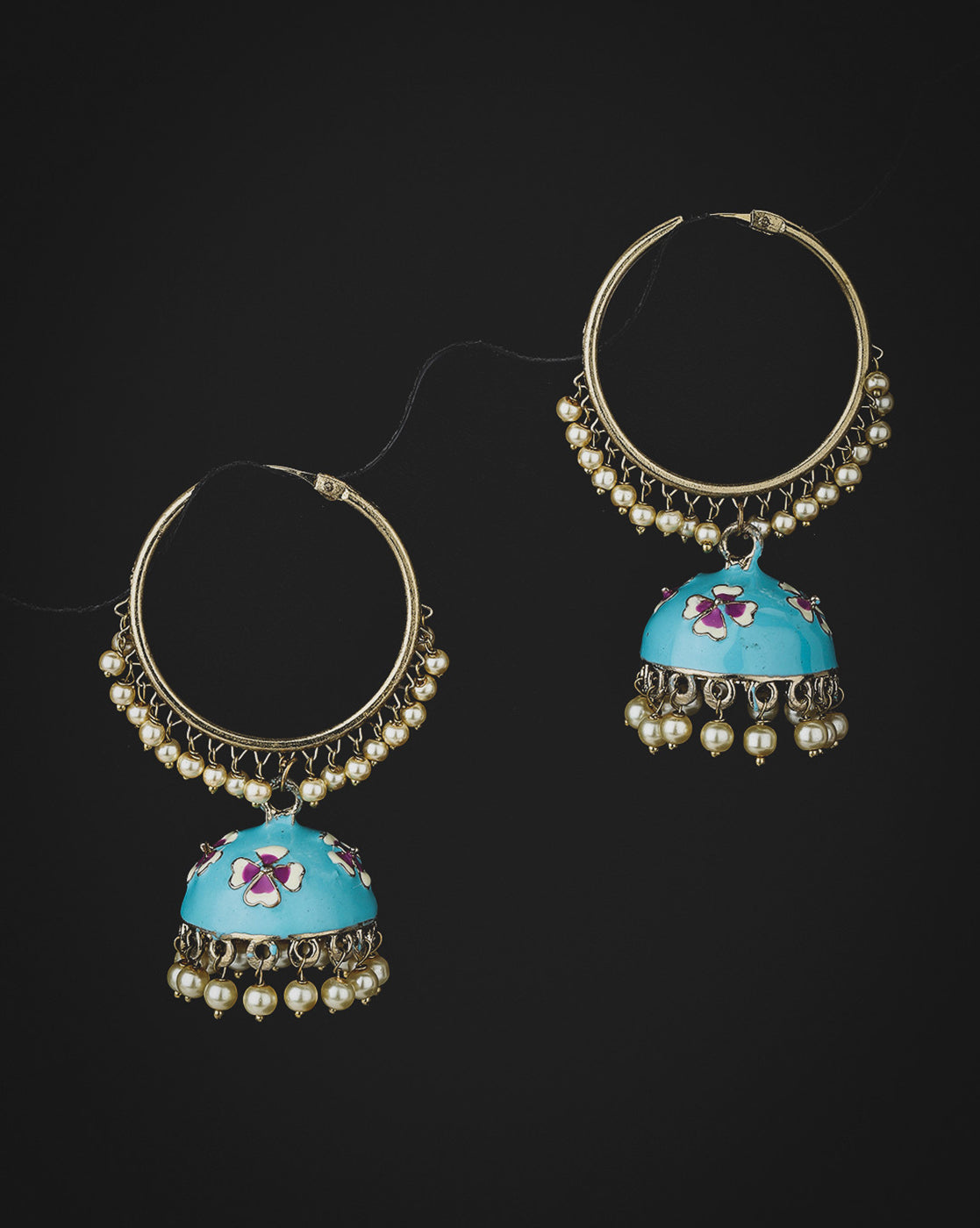 Gold Plated Enamel Meenakari Jhumka Earrings with Pearl Drops