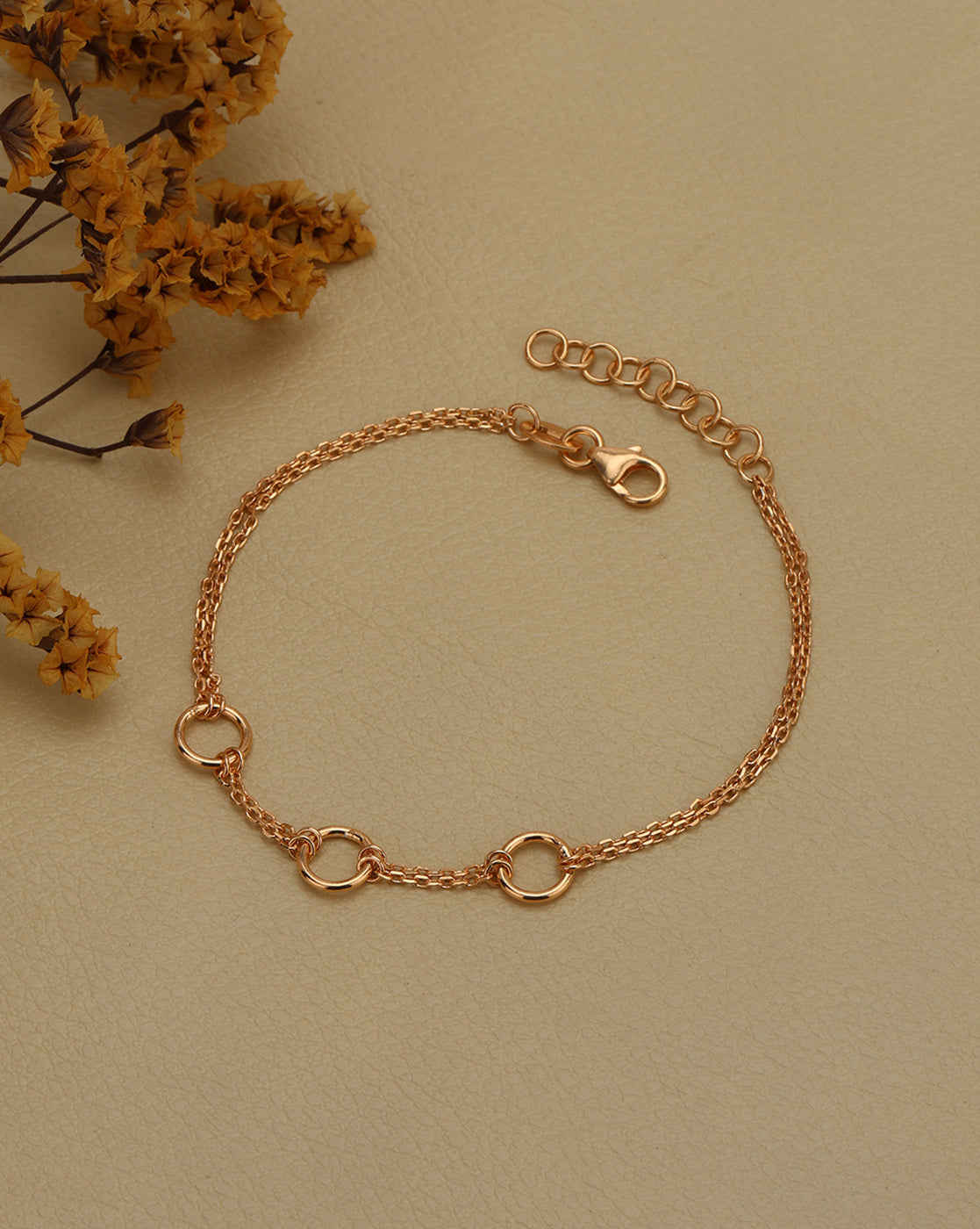 18kt Rose Gold Plated Modern Link and Double Chain Adjustable Bracelet