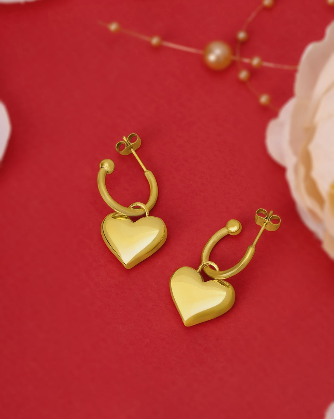 18kt Gold Plated Dangling Puff Heart Half Hoop Earring