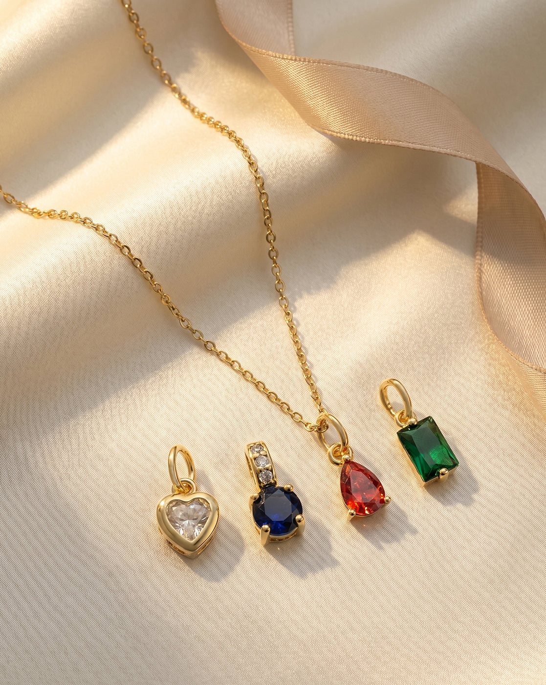 18kt Gold Plated CZ-Heart-Teardrop-Baguette & Round Interchangeable Solitaire Pendant with Chain Necklace