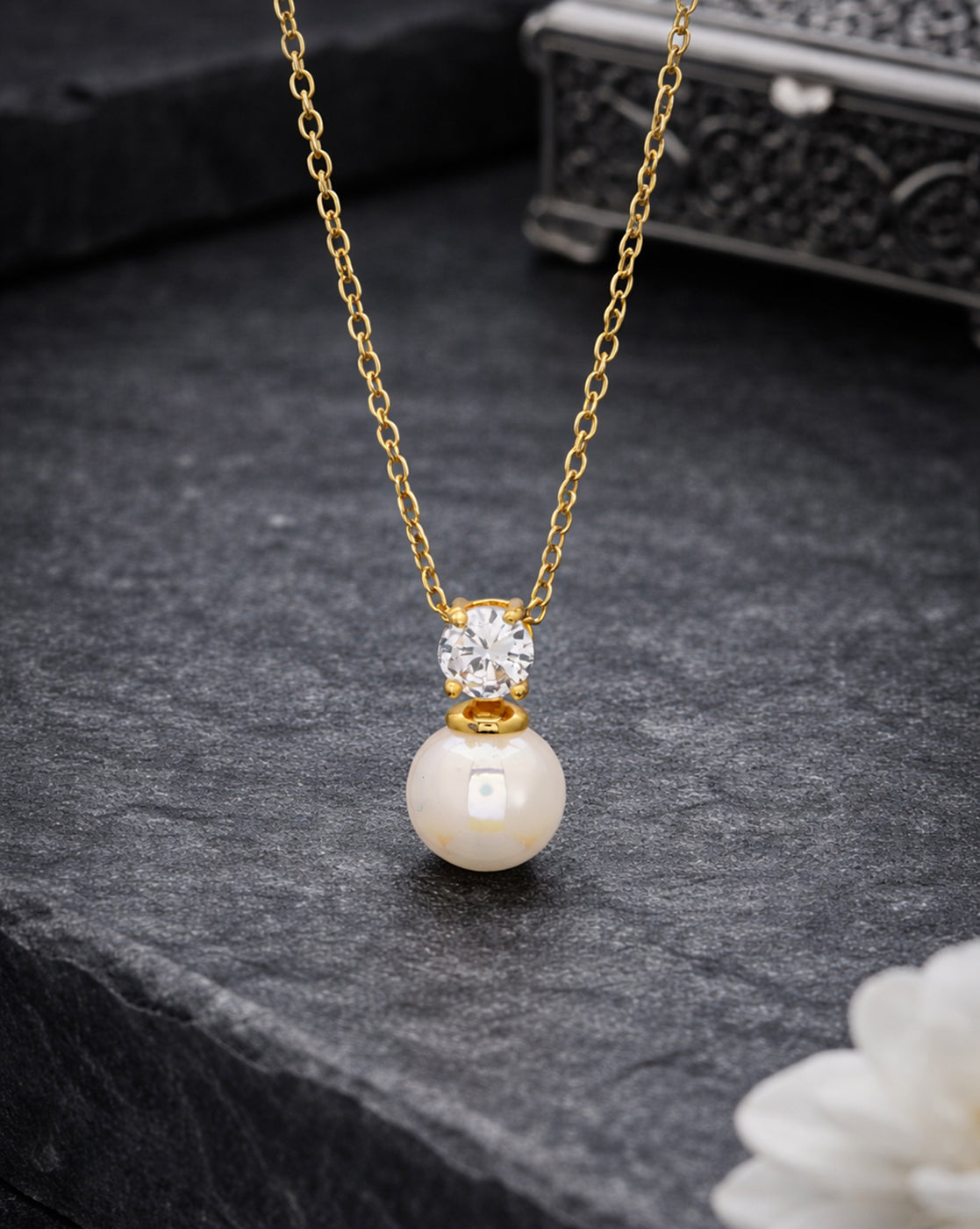 Gold Plated Solitaire Studded Dangling Pearl Pendant and Chain
