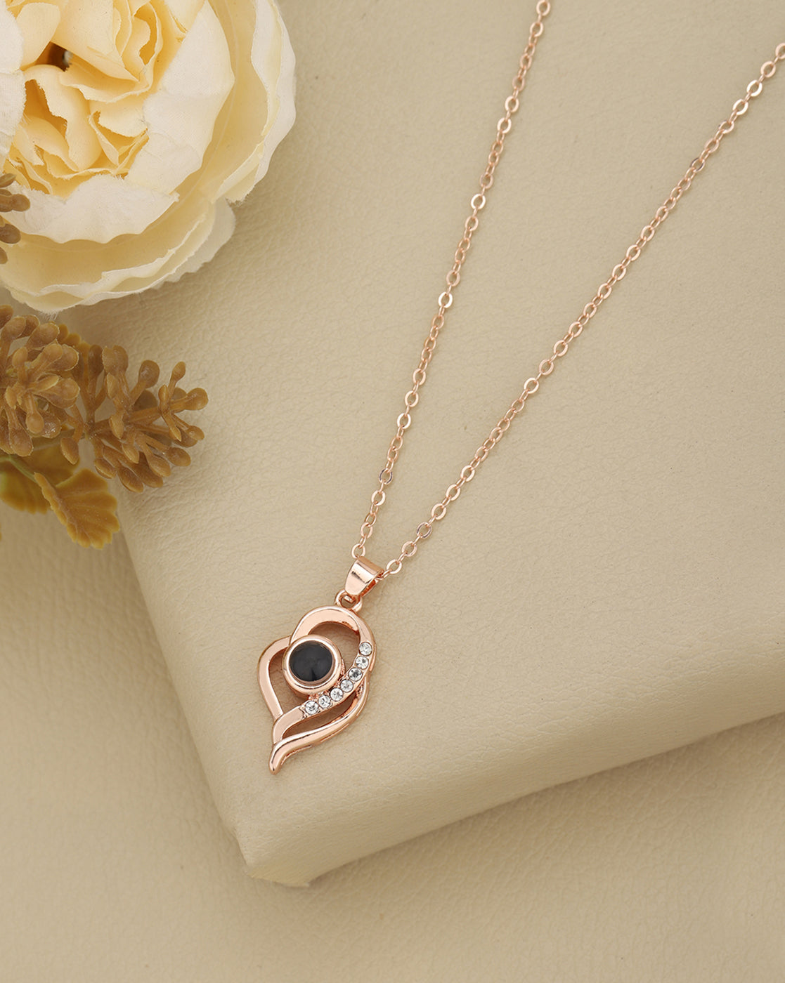 Rose Gold Plated CZ Studded Heart Pendant and Chain