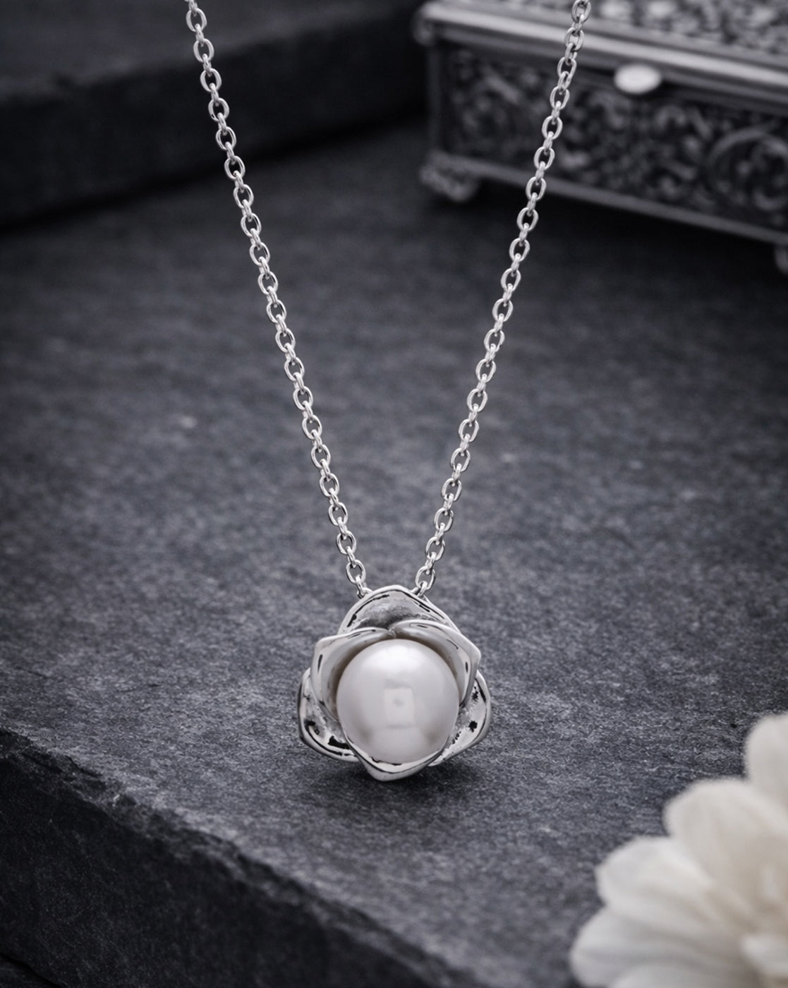 Silver Plated Budding Rose Pearl Pendant Necklace