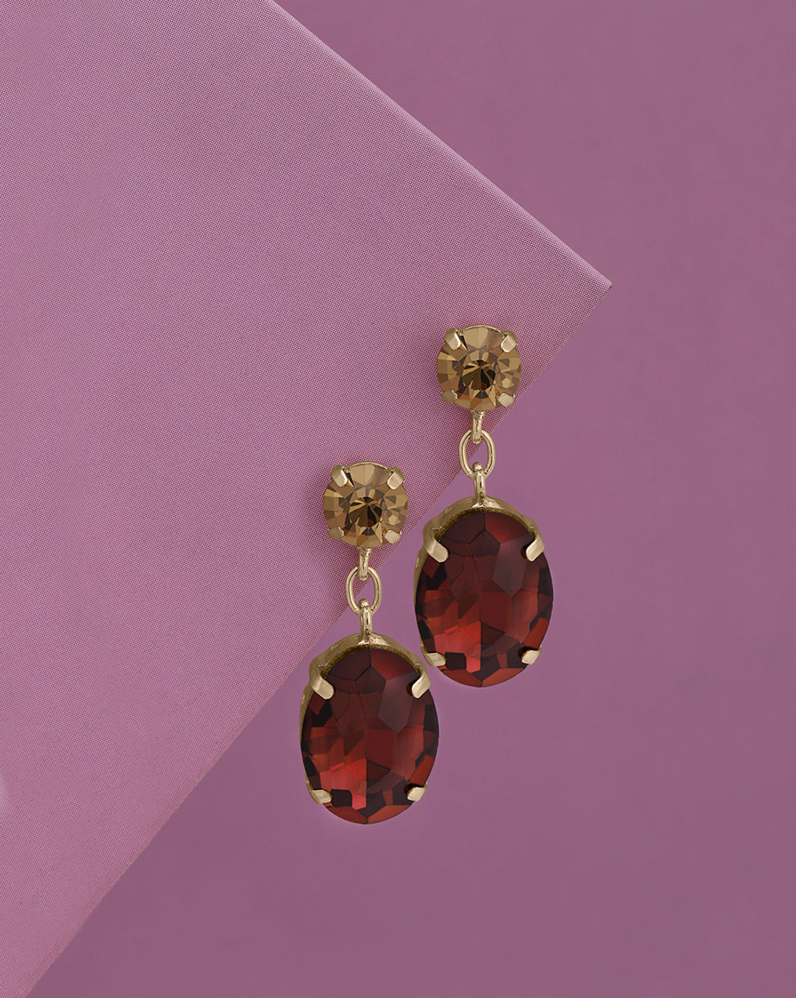 Gold-Plated Red Crystal Oval Dangle Earrings