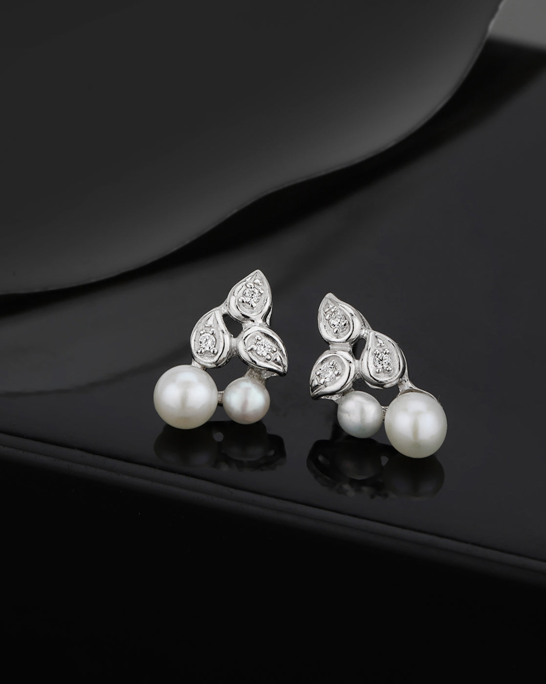 925 Sterling Silver Rhodium Plated CZ and Pearl Contemporary Mini Stud Earring