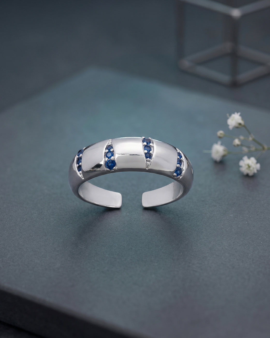 Rhodium Plated Contemporary Sapphire Studded Adjustable Ring