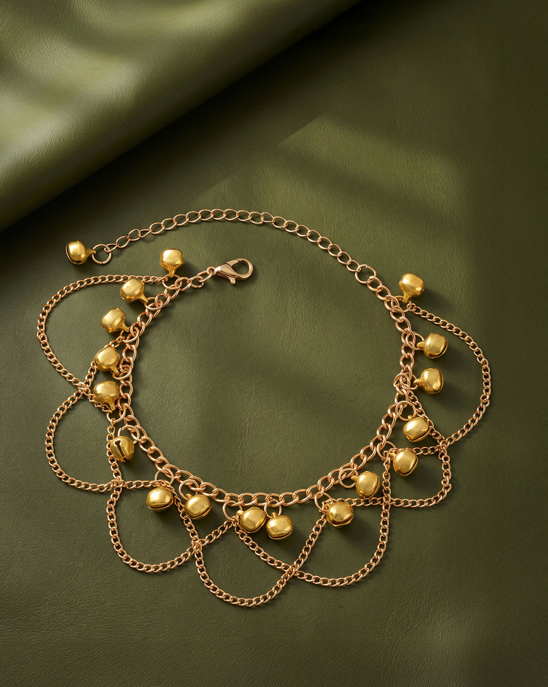 Gold Plated Dainty Layered Chain Anklet with Bells