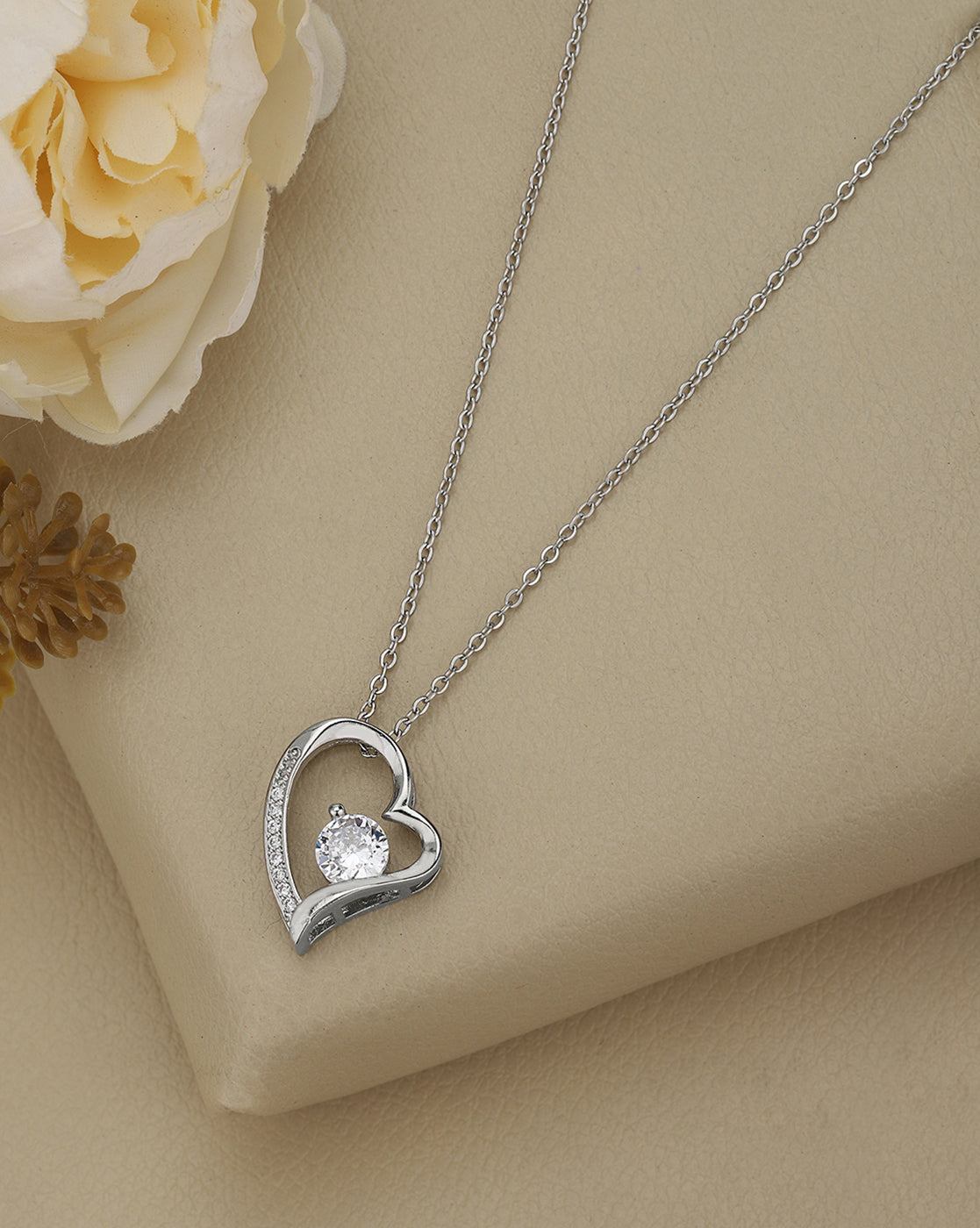 Silver Plated Solitaire & Sparkling CZ Heart Pendant and Chain