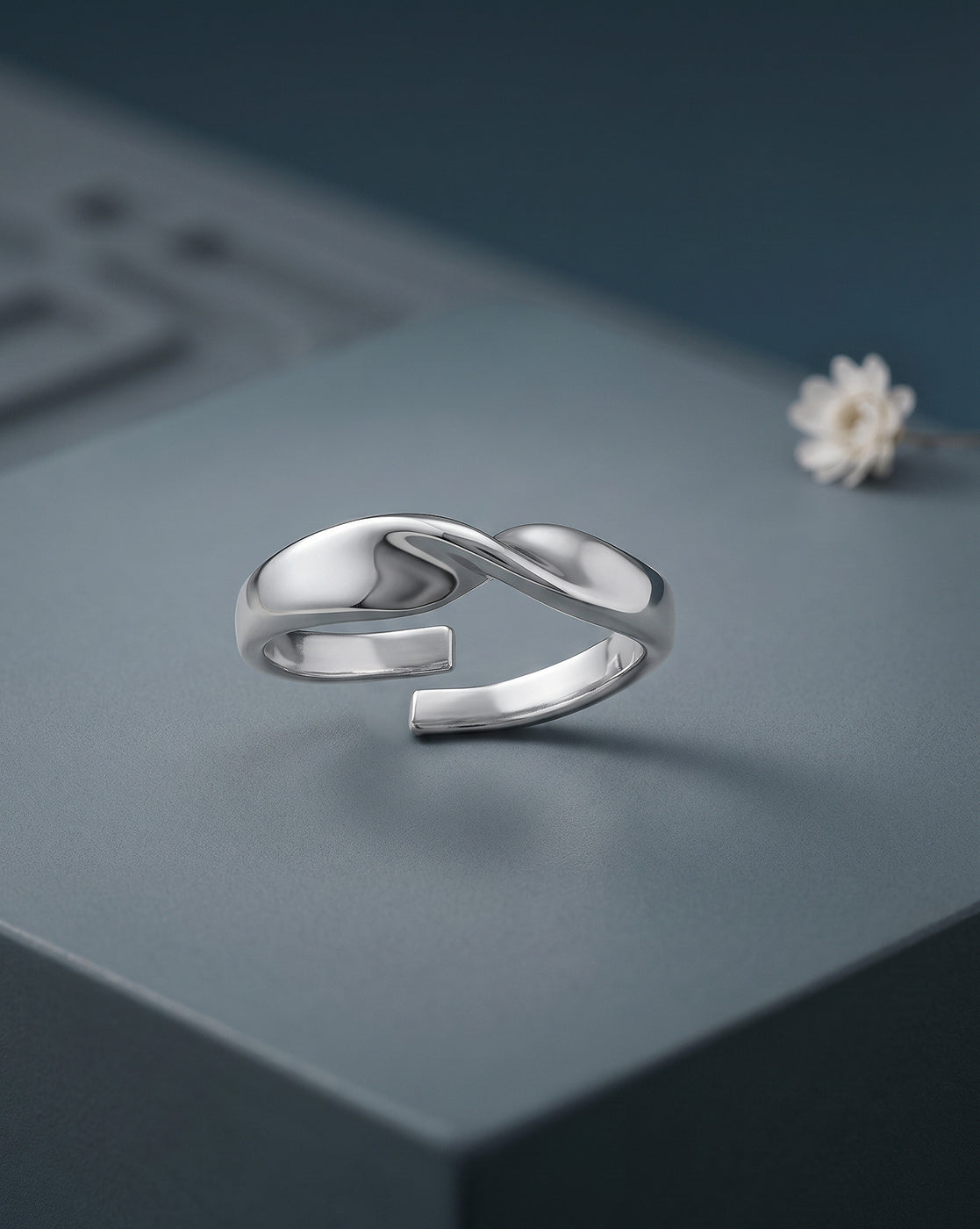 Rhodium Plated Contemporary Twisted Design Adjustable Ring