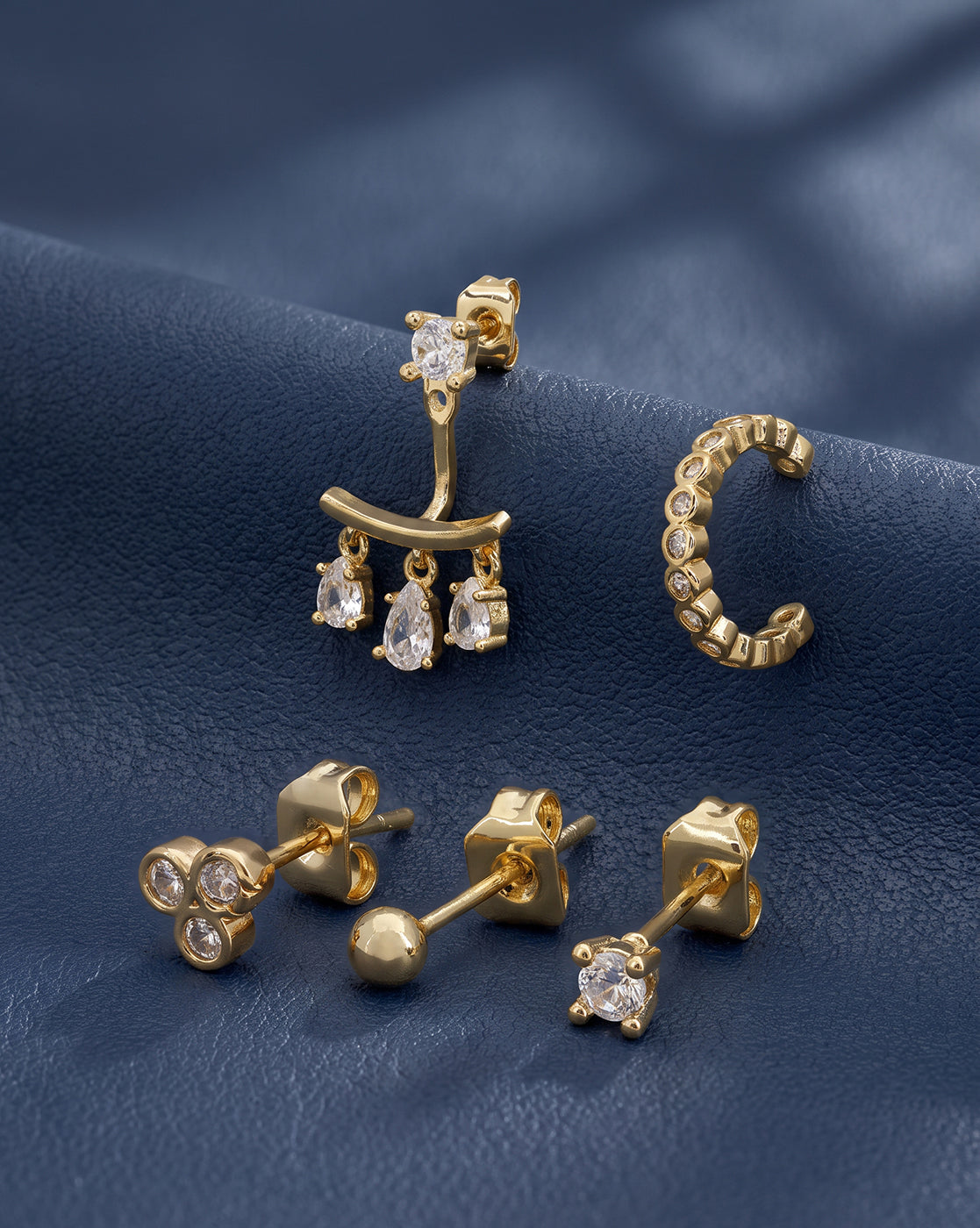 Gold Plated Designer Ear Cuff, Petite Stud & Front-Back Earring Piercing Set