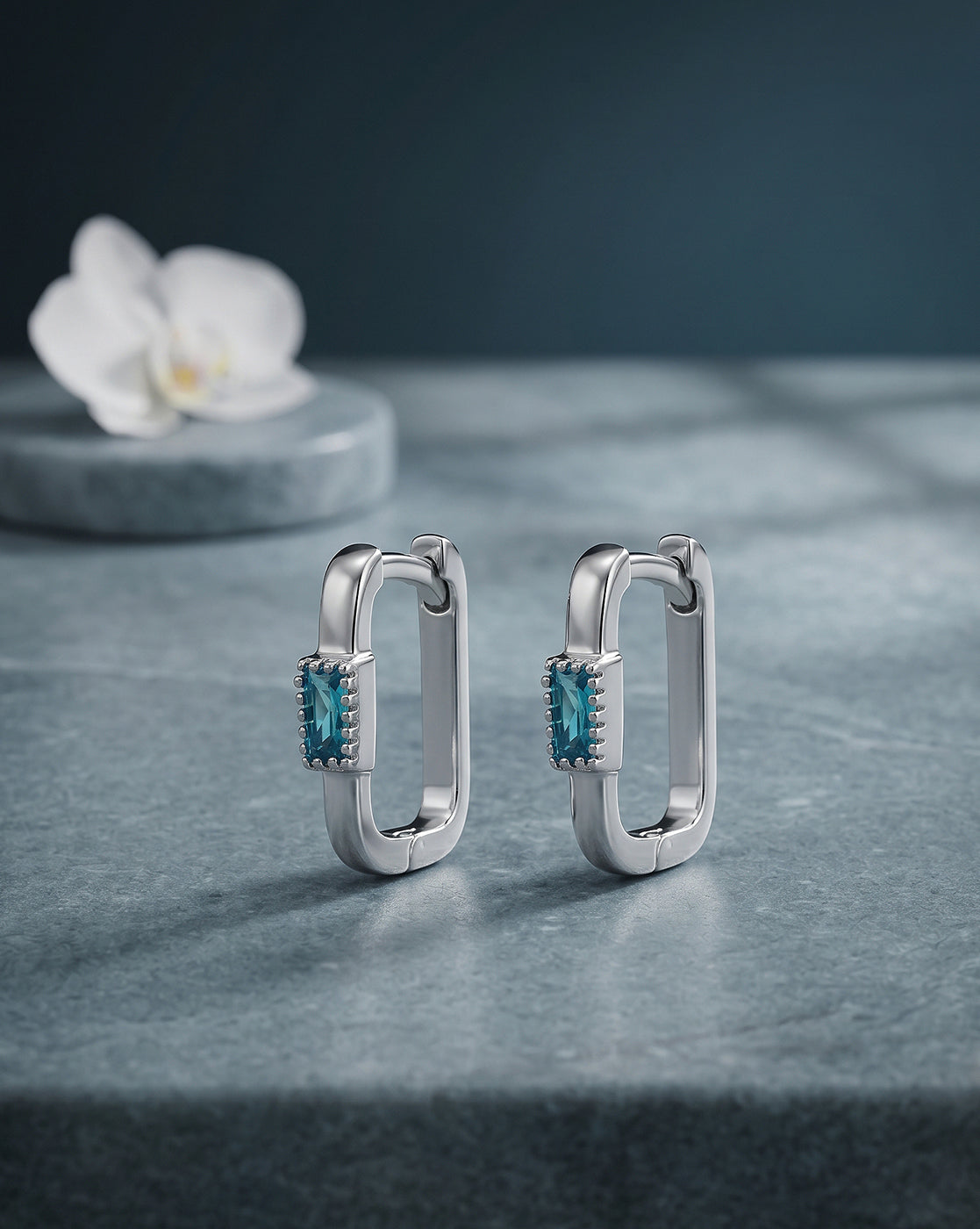 Rhodium Plated Topaz Studded Mini Square Hoop Earring