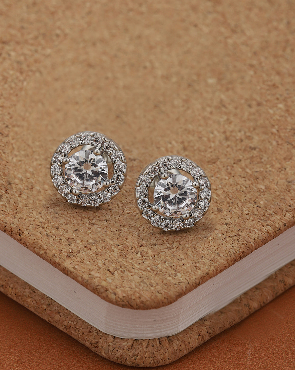 Silver Plated Classic Round Solitaire CZ Halo Stud Earring