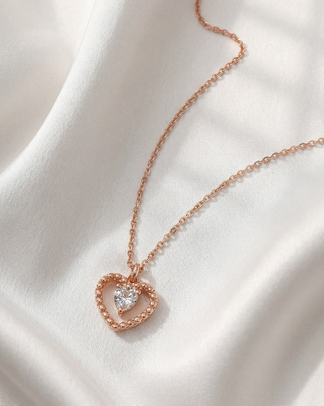 925 Sterling Silver 18kt Rose Gold Plated Solitaire Heart Pendant and Chain