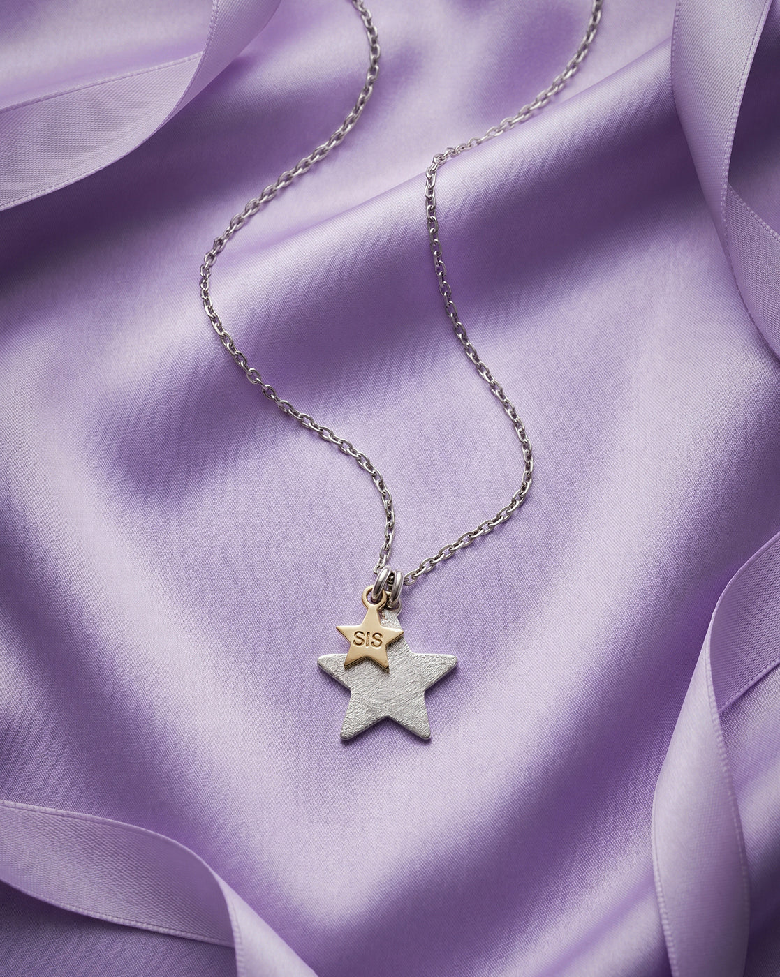 18kt Gold and Rhodium Plated Double Star Sis Pendant with Chain