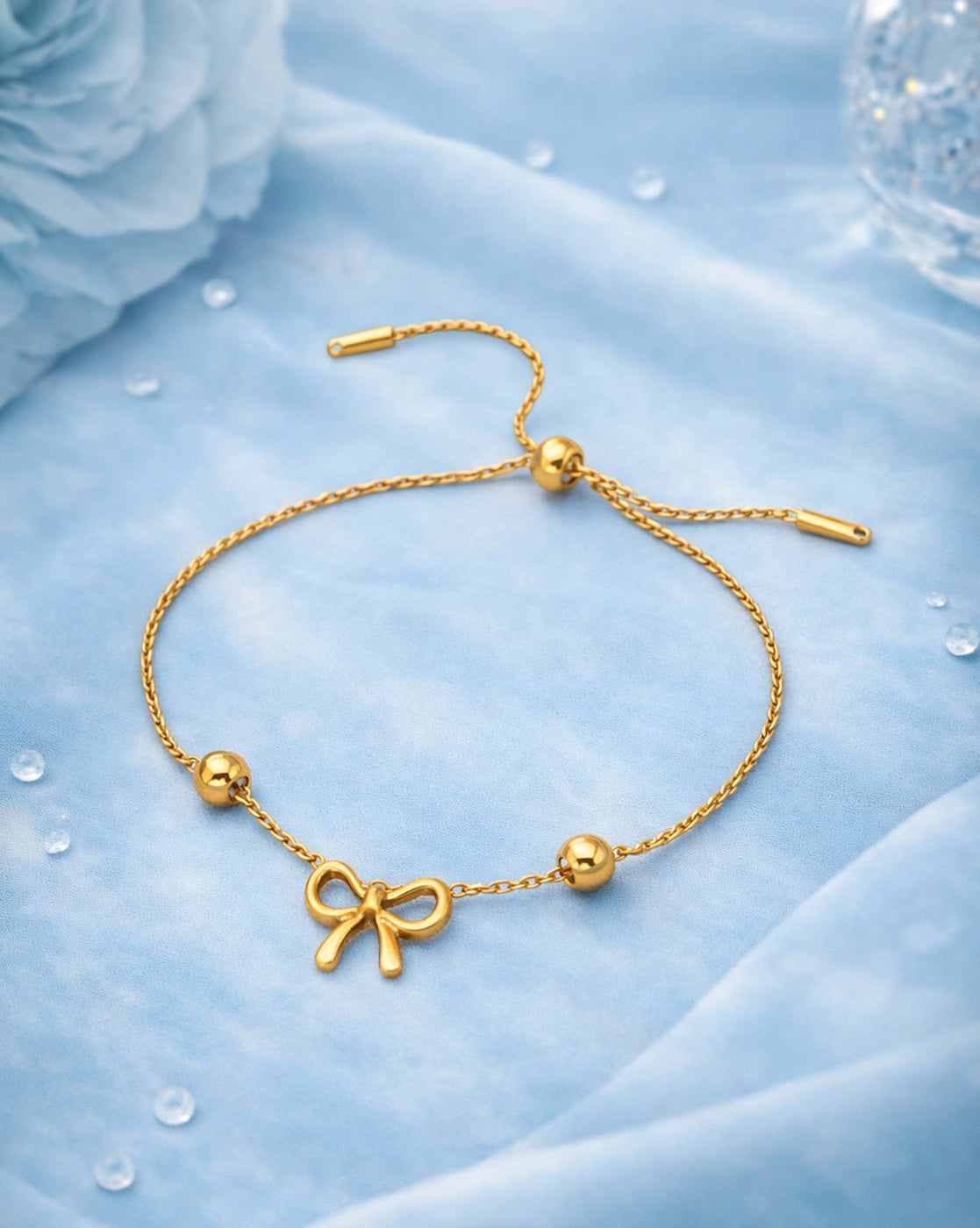 Gold Plated Bow or Ribbon Charm with Beaded Accent Adjustable Bracelet