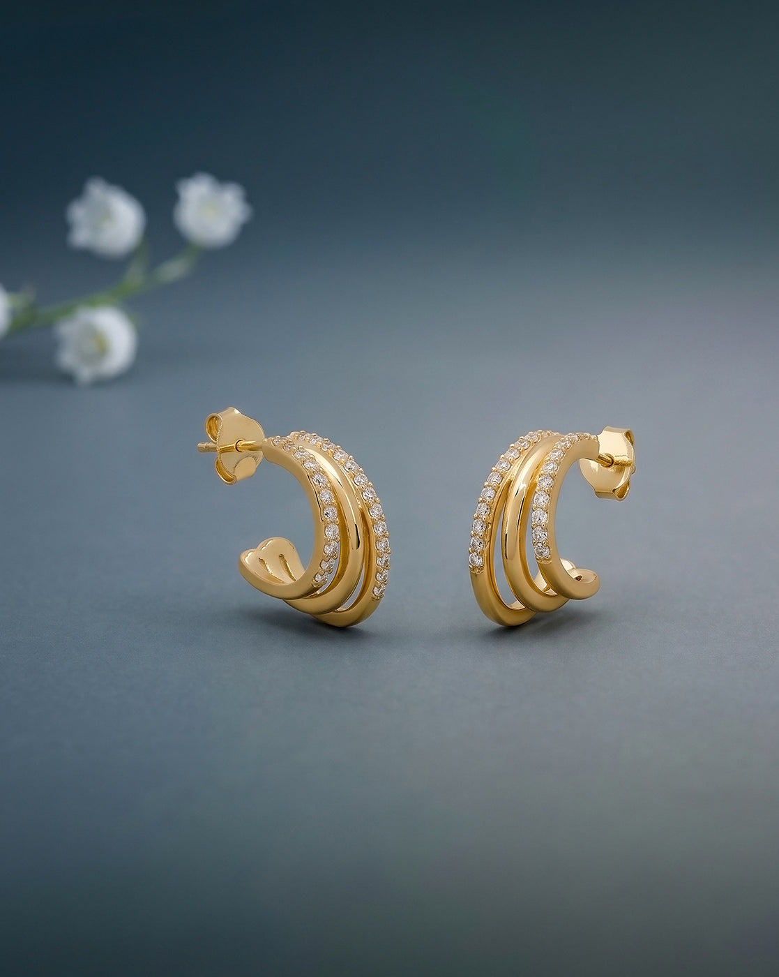 18kt Gold Plated CZ Triple Layered Huggie Half Hoop Earring