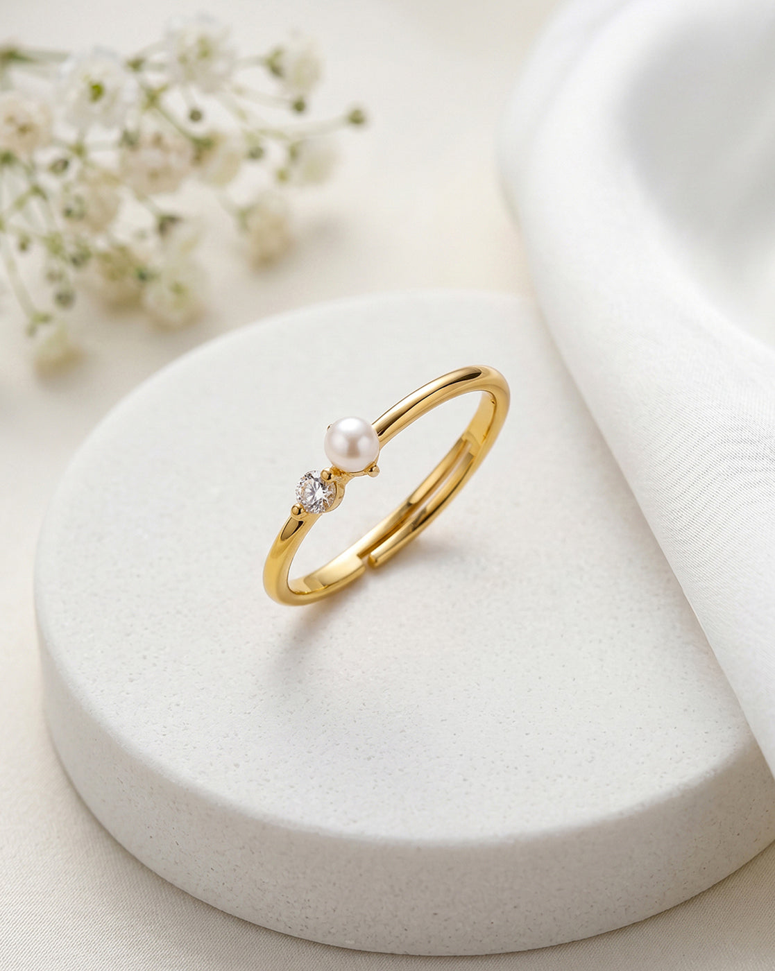 Gold Plated Solitaire with Pearl Adjustable Ring