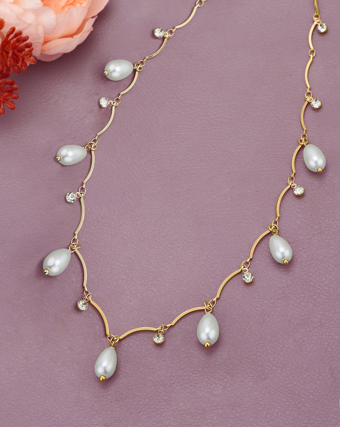 Gold Plated Contemporary Dangling CZ and Pearl Wave Necklace