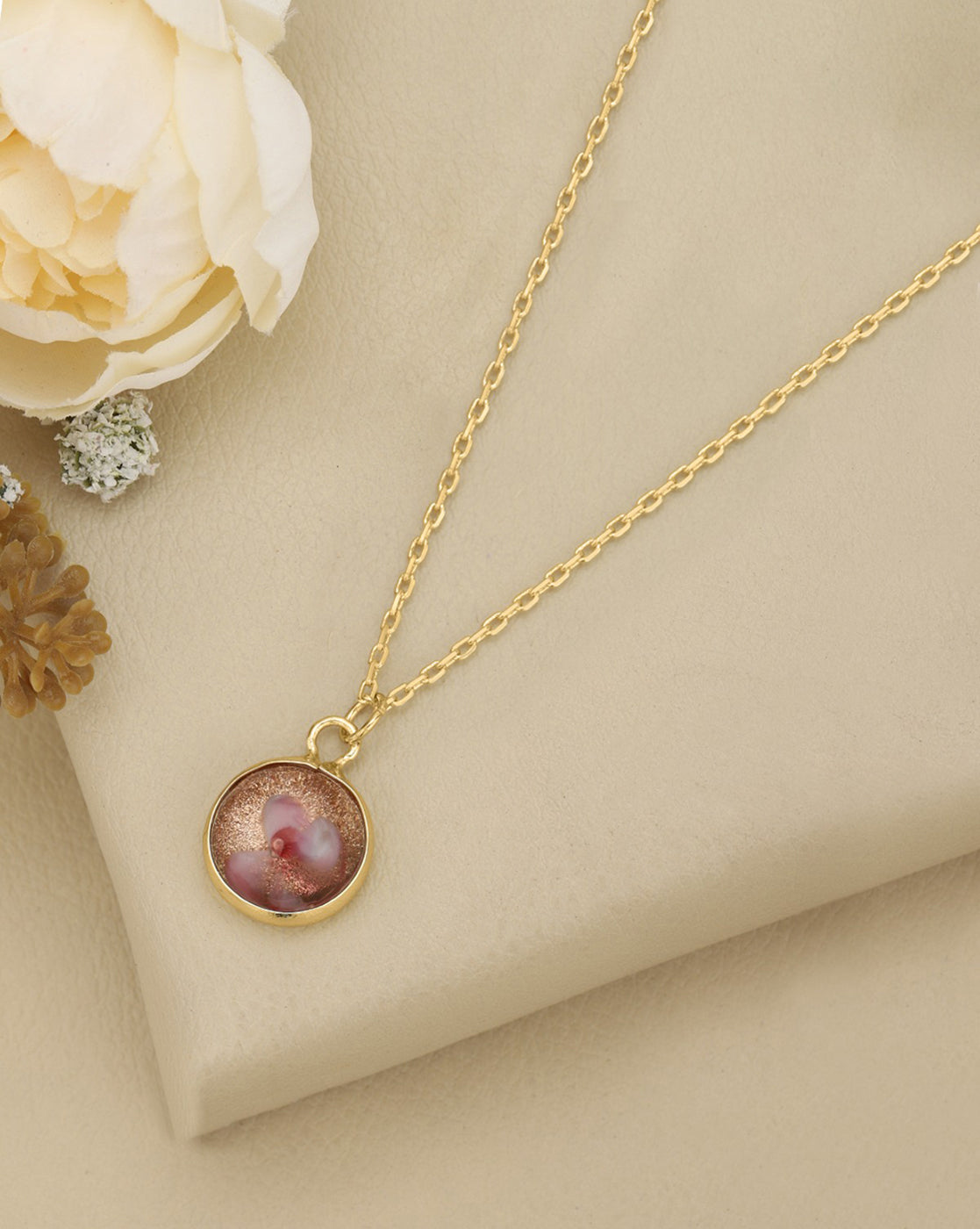 Gold Plated Floral Pink Stone Round Pendant with Chain
