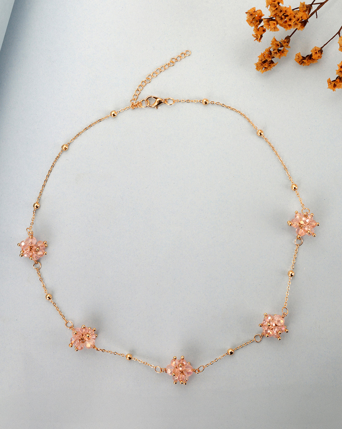 Gold Plated Dainty Rose Pink Beaded Floral Necklace