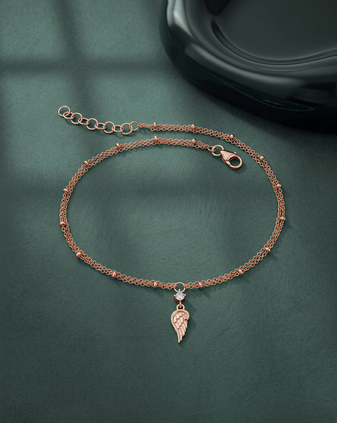 18kt Rose Gold Plated CZ Angel Wing Charm Layered Anklet