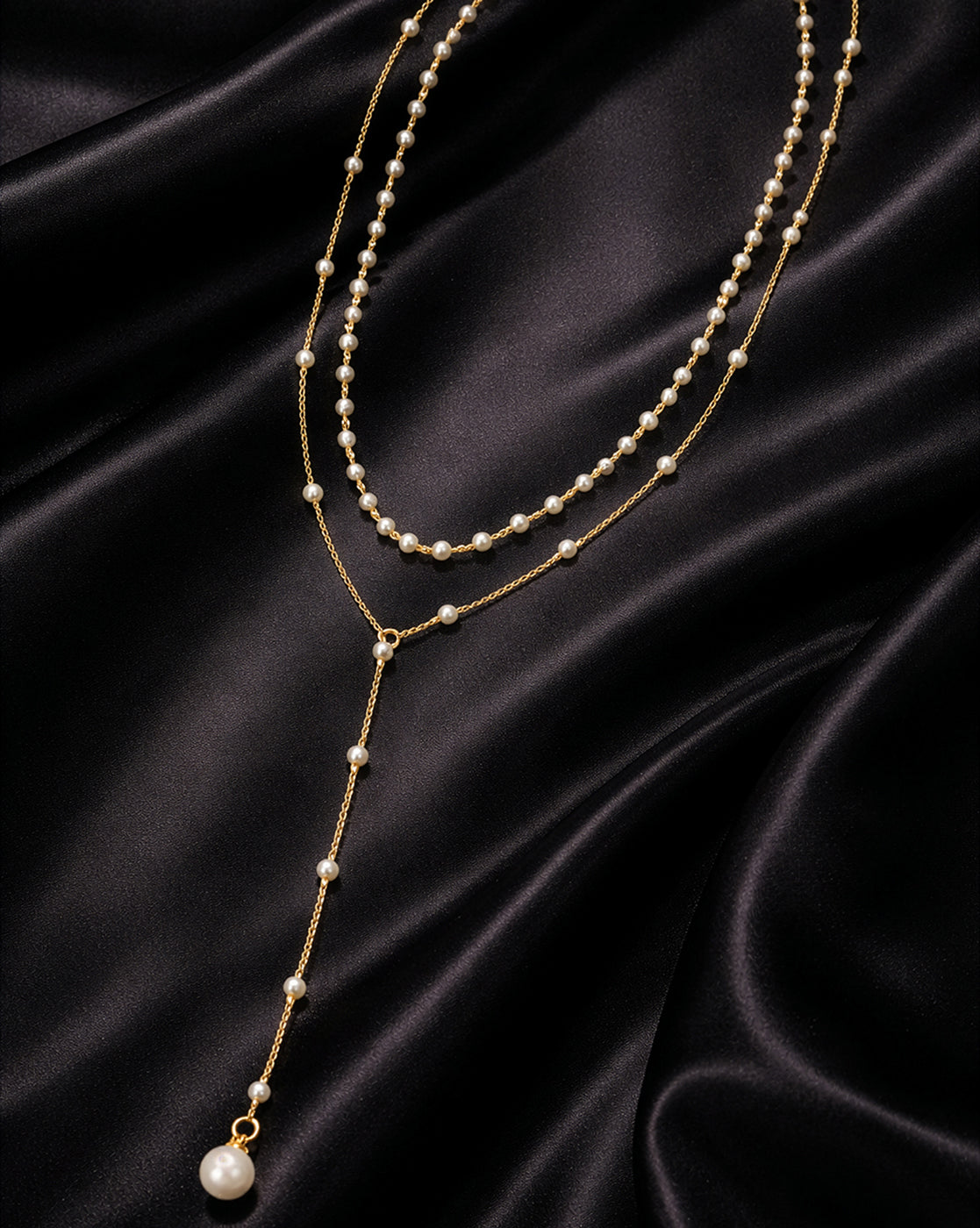 Gold Plated Elegant Pearl Layered Lariat Necklace