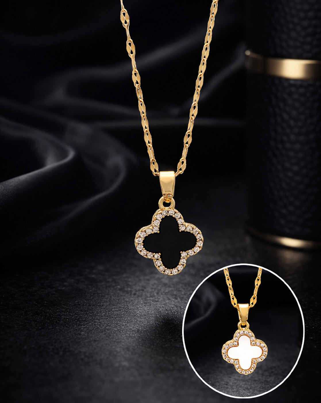 Gold-Plated Designer Reversible Double Color Clover Pendant Necklace