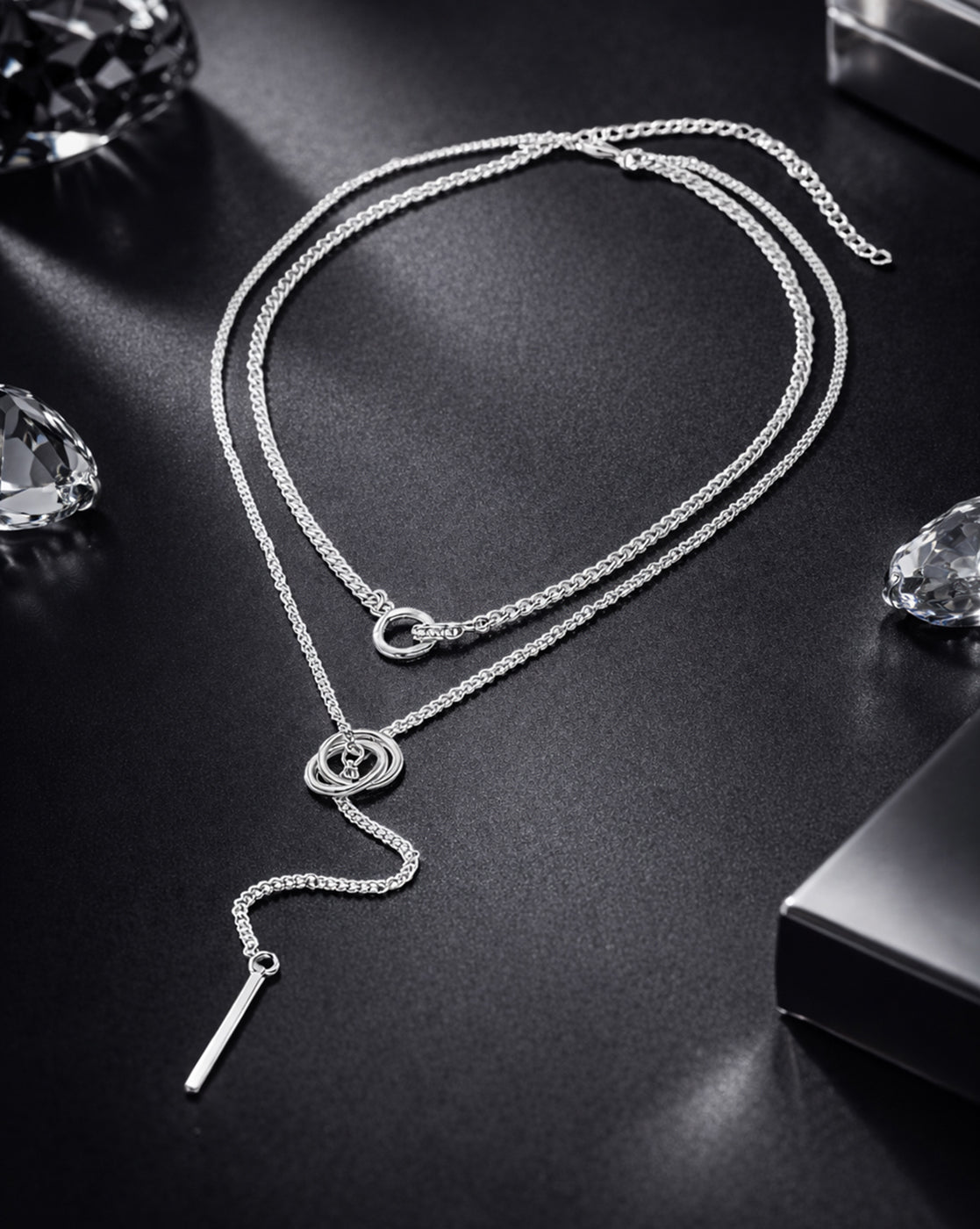 Silver Plated Dangling Bar and Interlinked Ring Lariat Layered Necklace