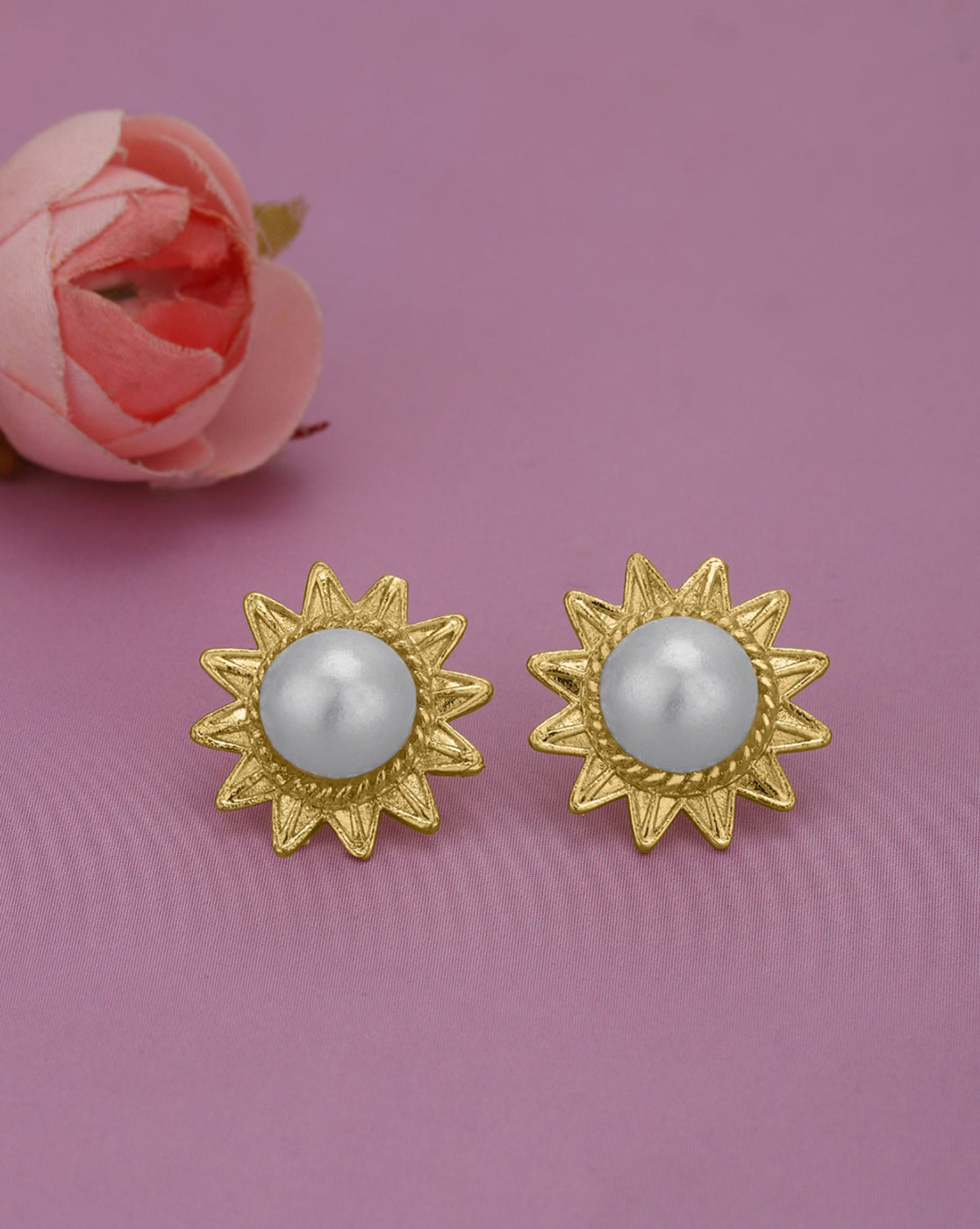 Gold Plated Elegant Pearl Rising Sun Stud Earrings